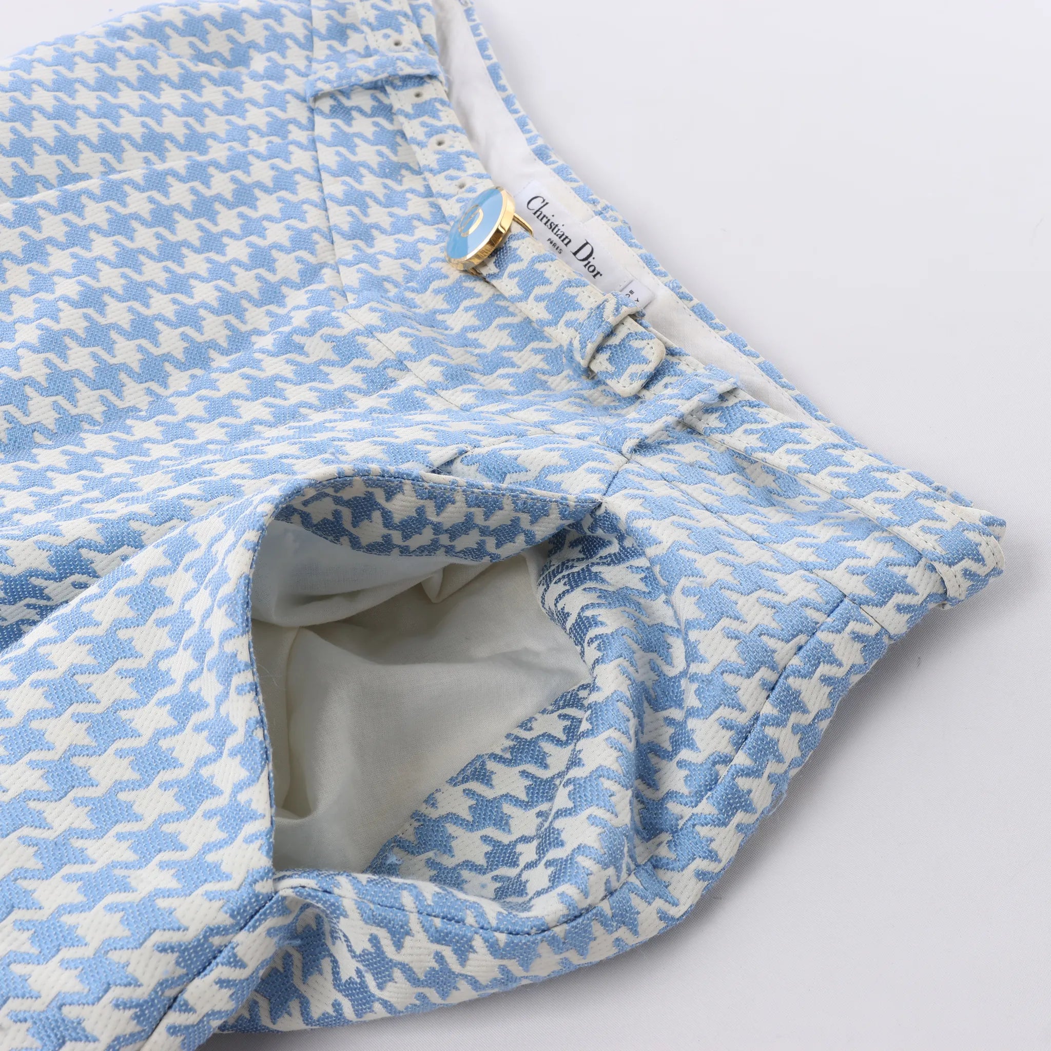 Christian Dior Houndstooth Cotton Belted Pants in Blue, Size FR 38