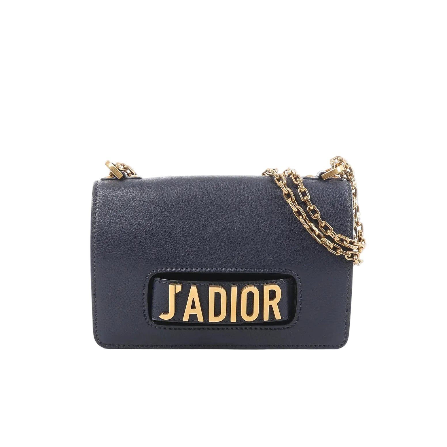 Dior J’Adior navy grained leather crossbody bag with gold-tone chain strap and large gold “J’ADIOR” logo on the front flap.