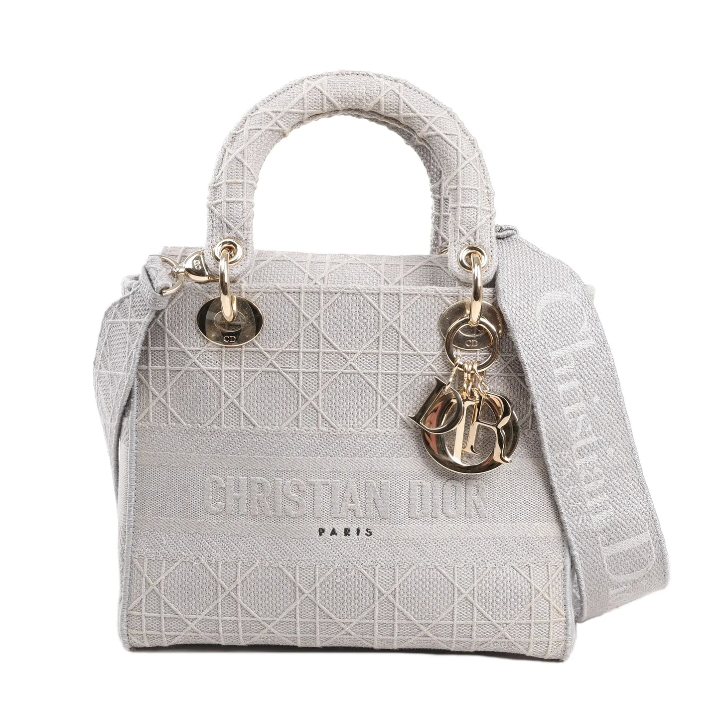 Dior Lady D-Lite Medium 2Way Handbag in gray Cannage canvas with tonal Christian Dior embroidery, gold-tone logo charms, and matching canvas strap.