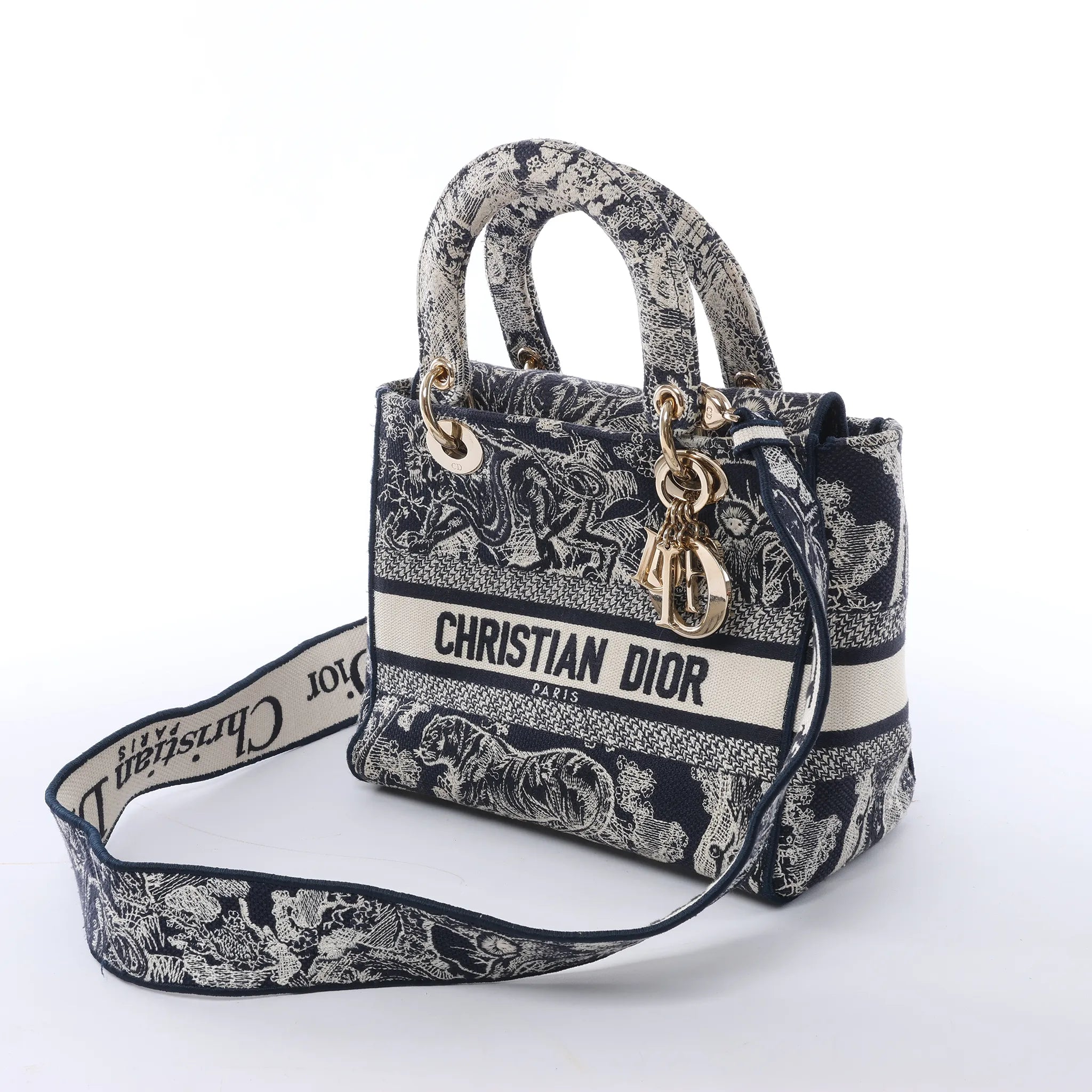 Dior Lady D-Lite Medium Canvas 2Way Handbag in Navy Blue
