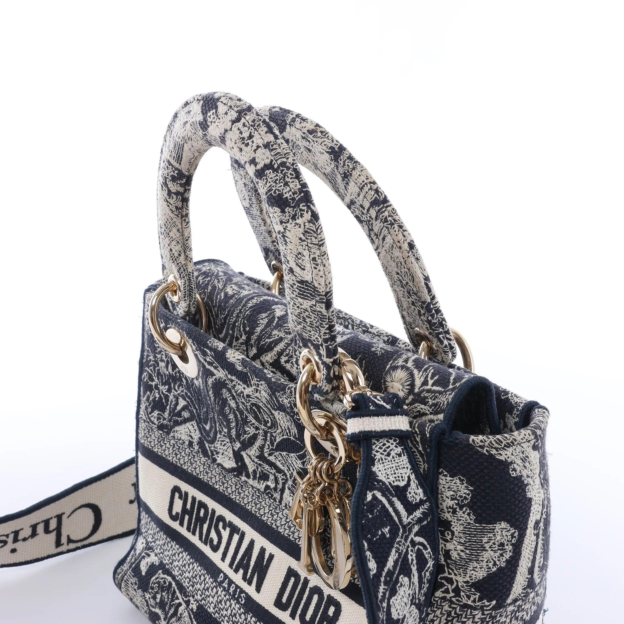 Dior Lady D-Lite Medium Canvas 2Way Handbag in Navy Blue