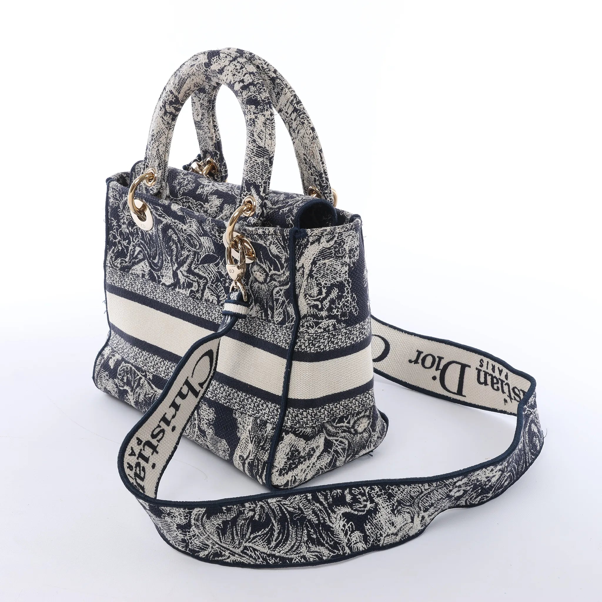 Dior Lady D-Lite Medium Canvas 2Way Handbag in Navy Blue