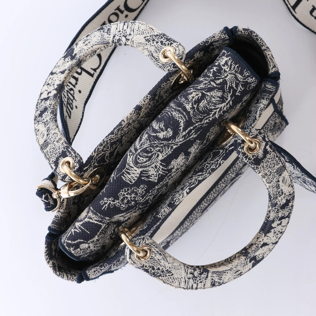 Dior Lady D-Lite Medium Canvas 2Way Handbag in Navy Blue