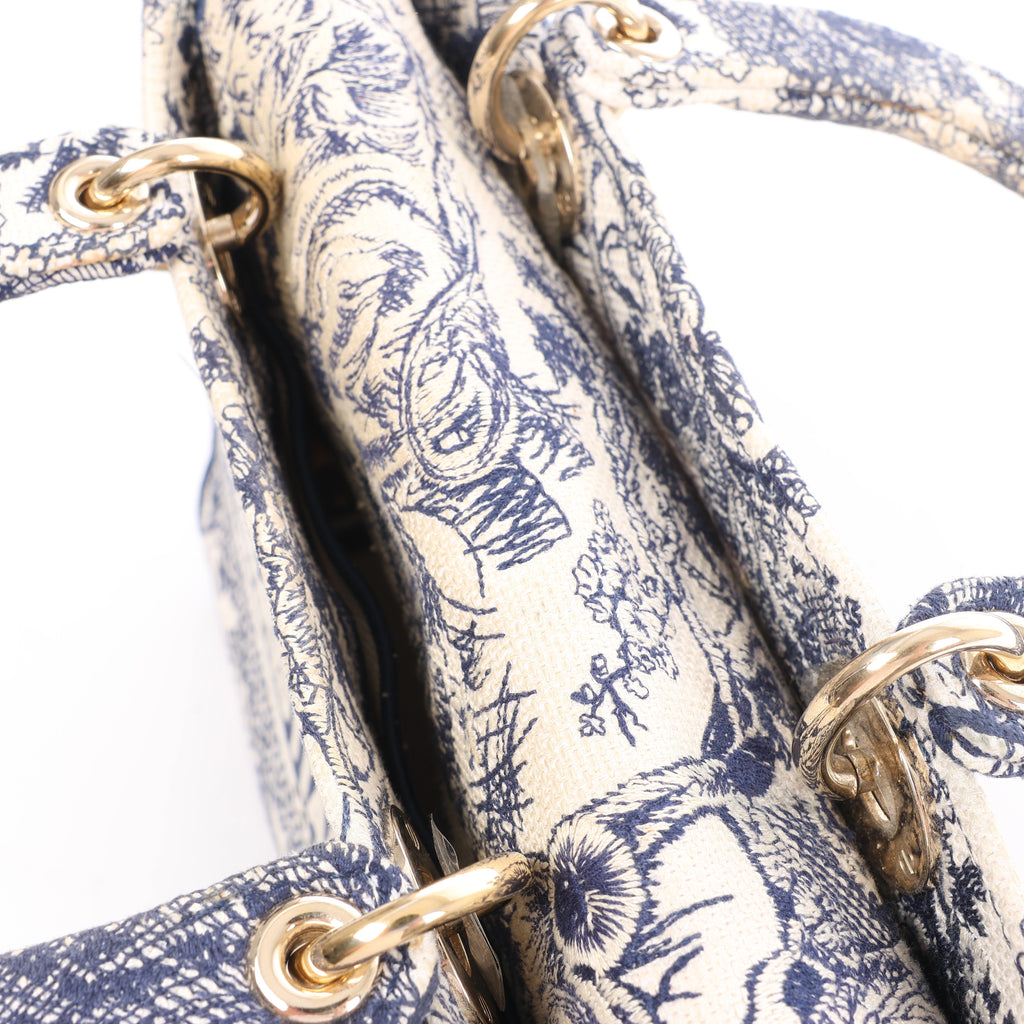 Christian Dior D-Lite Toile Doo JUY Embroidery Canvas 2Way Handbag in Beige x Navy Blue