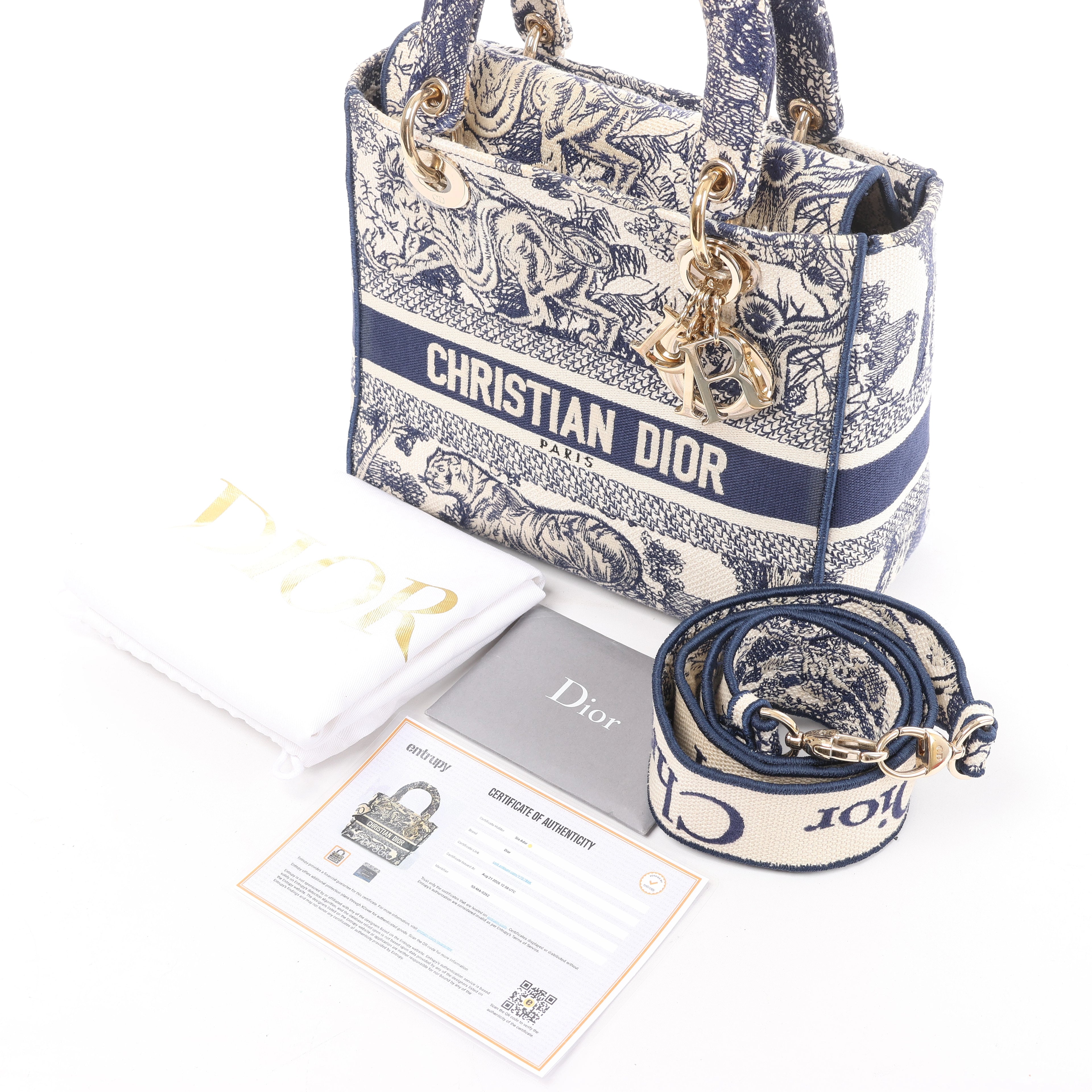 Christian Dior D-Lite Toile Doo JUY Embroidery Canvas 2Way Handbag in Beige x Navy Blue