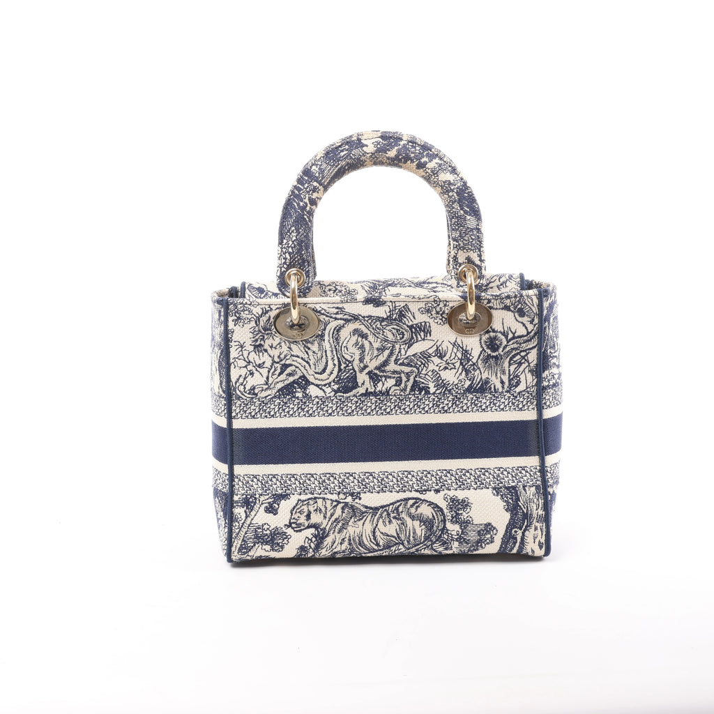 Christian Dior D-Lite Toile Doo JUY Embroidery Canvas 2Way Handbag in Beige x Navy Blue