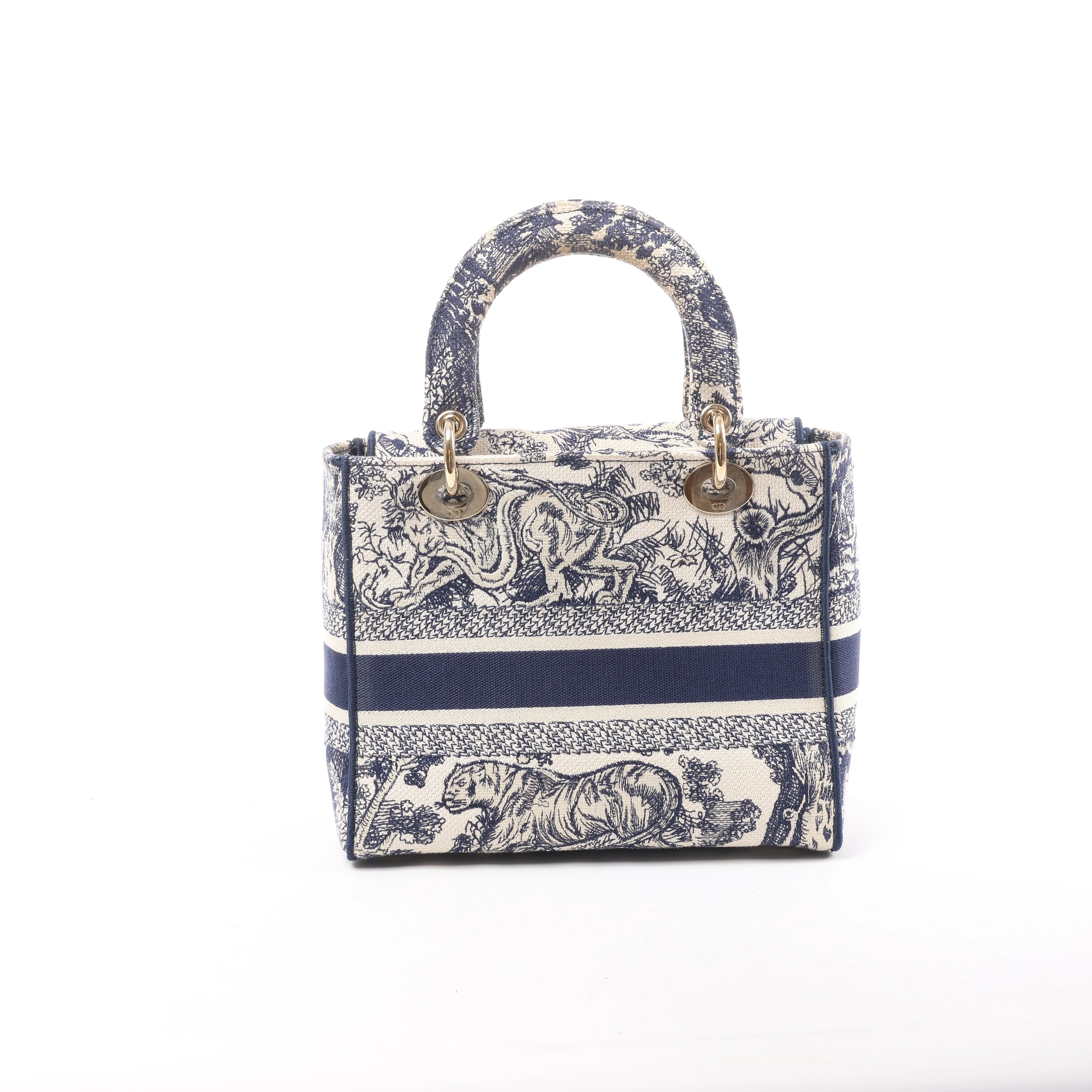 Christian Dior D-Lite Toile Doo JUY Embroidery Canvas 2Way Handbag in Beige x Navy Blue