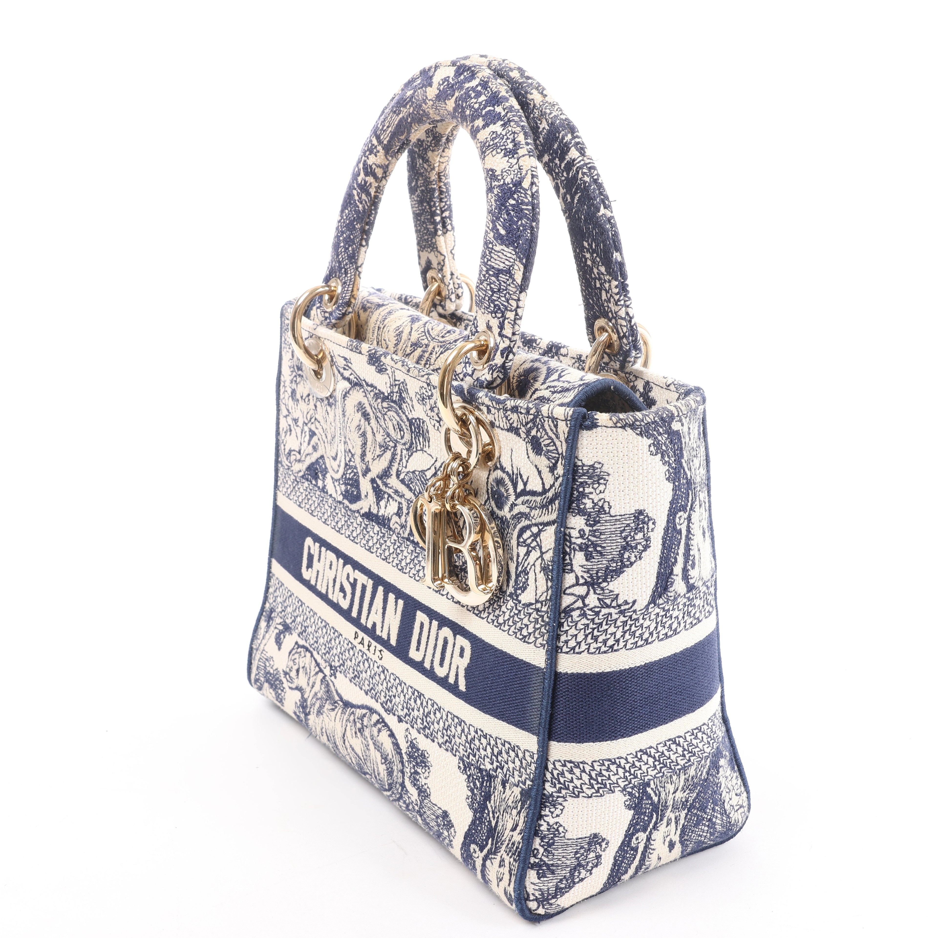 Christian Dior D-Lite Toile Doo JUY Embroidery Canvas 2Way Handbag in Beige x Navy Blue