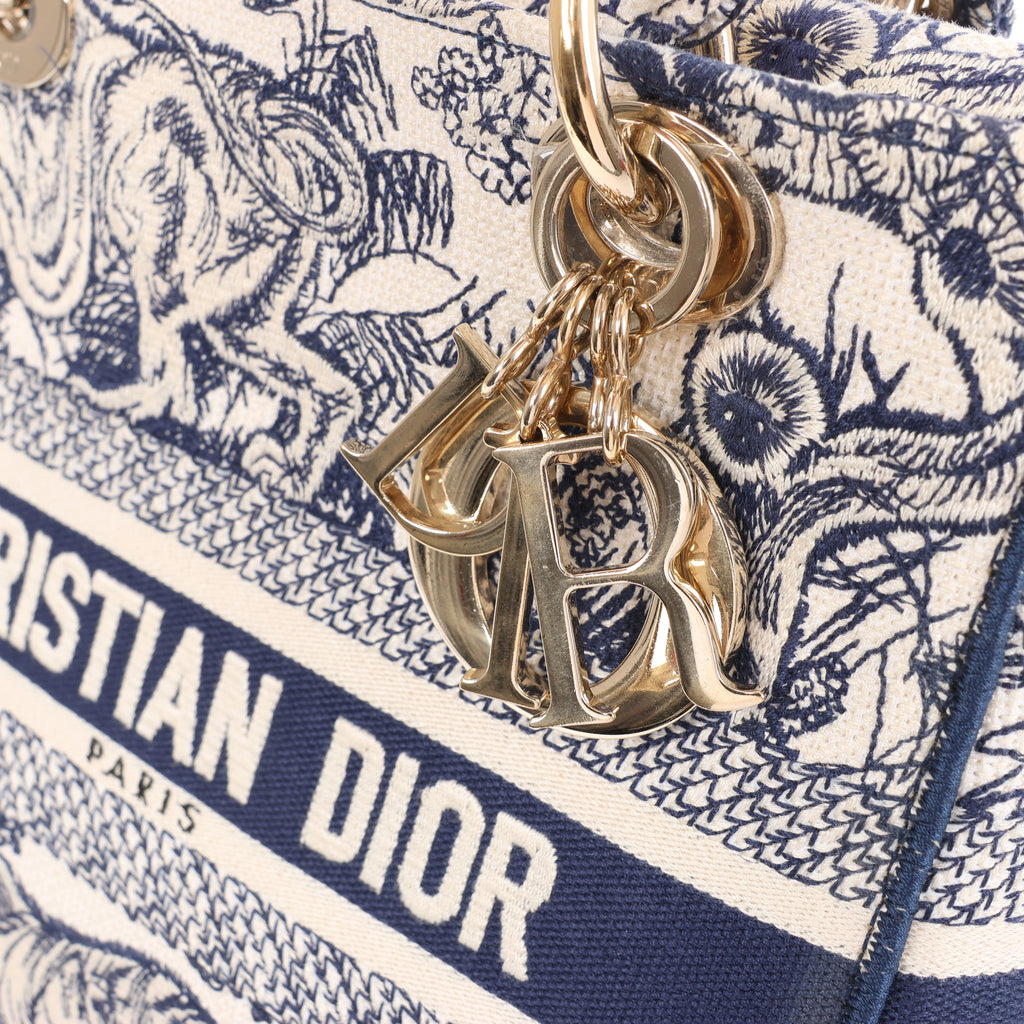 Christian Dior D-Lite Toile Doo JUY Embroidery Canvas 2Way Handbag in Beige x Navy Blue