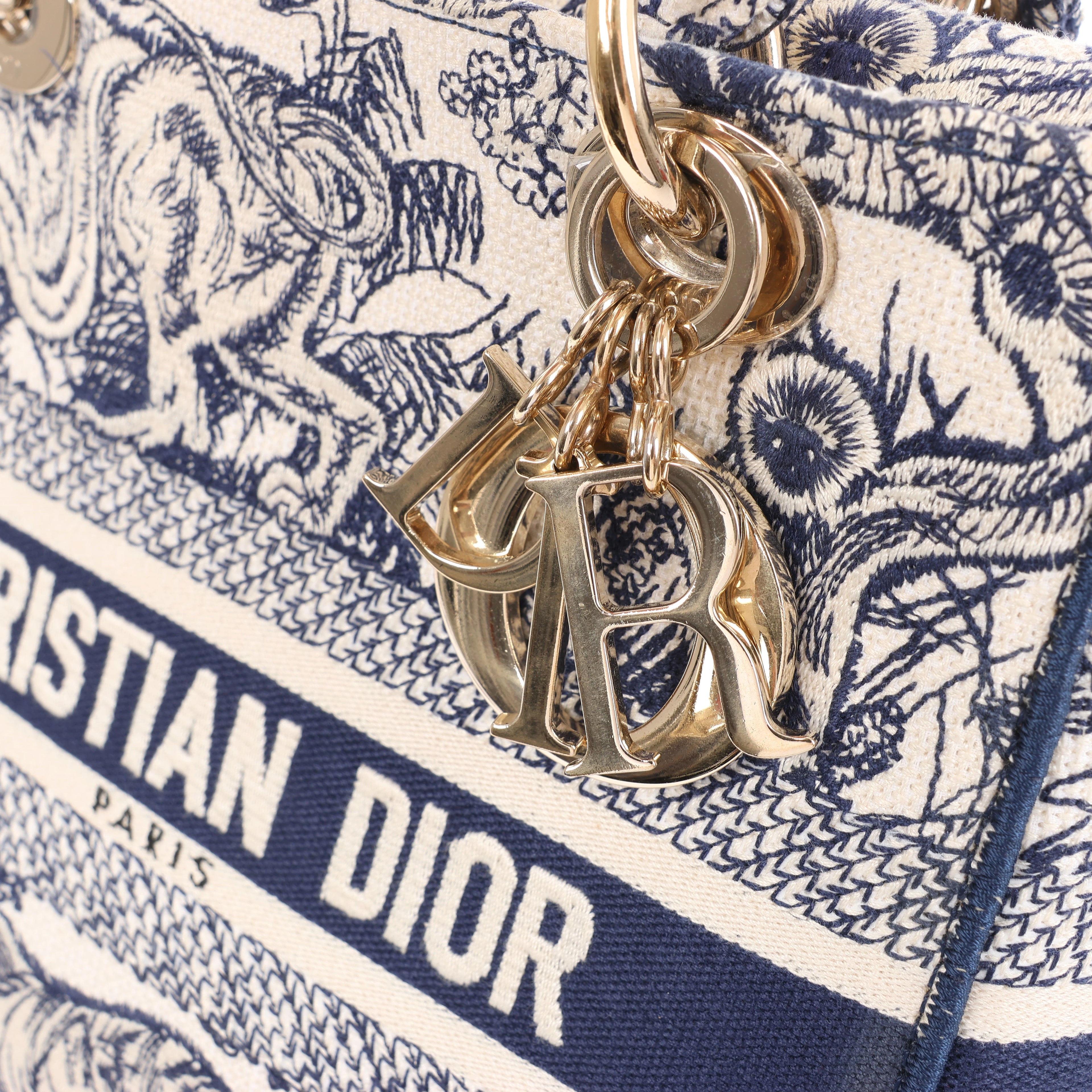 Christian Dior D-Lite Toile Doo JUY Embroidery Canvas 2Way Handbag in Beige x Navy Blue
