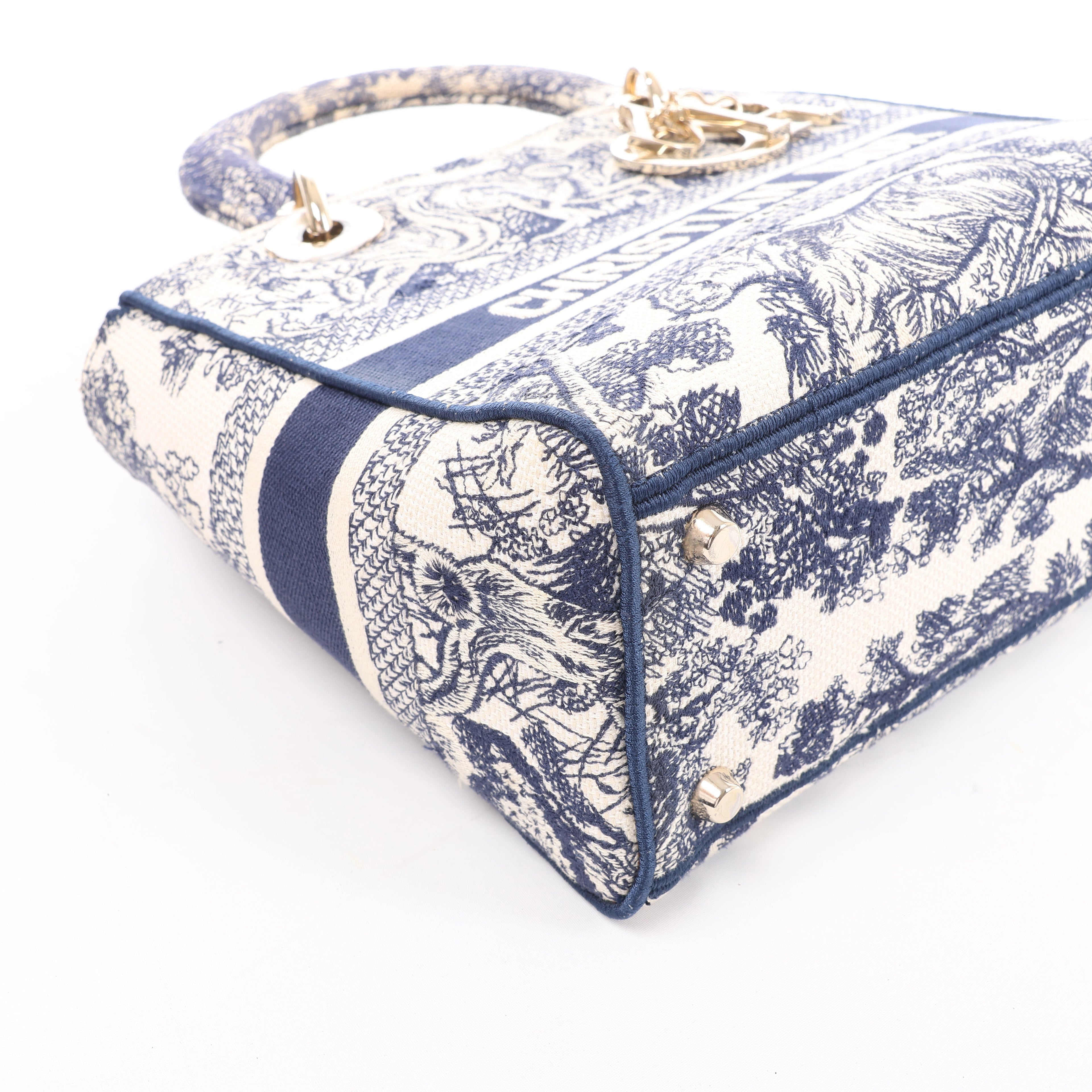 Christian Dior D-Lite Toile Doo JUY Embroidery Canvas 2Way Handbag in Beige x Navy Blue