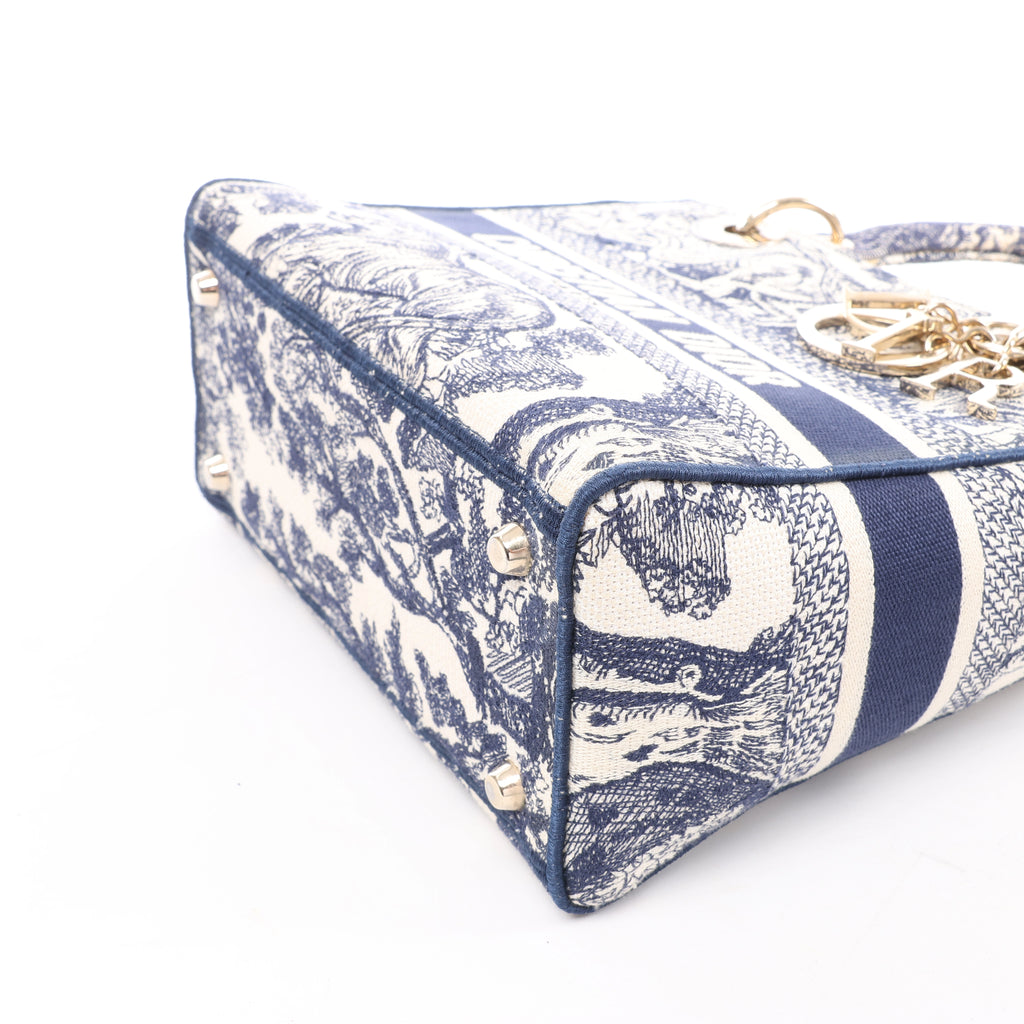 Christian Dior D-Lite Toile Doo JUY Embroidery Canvas 2Way Handbag in Beige x Navy Blue