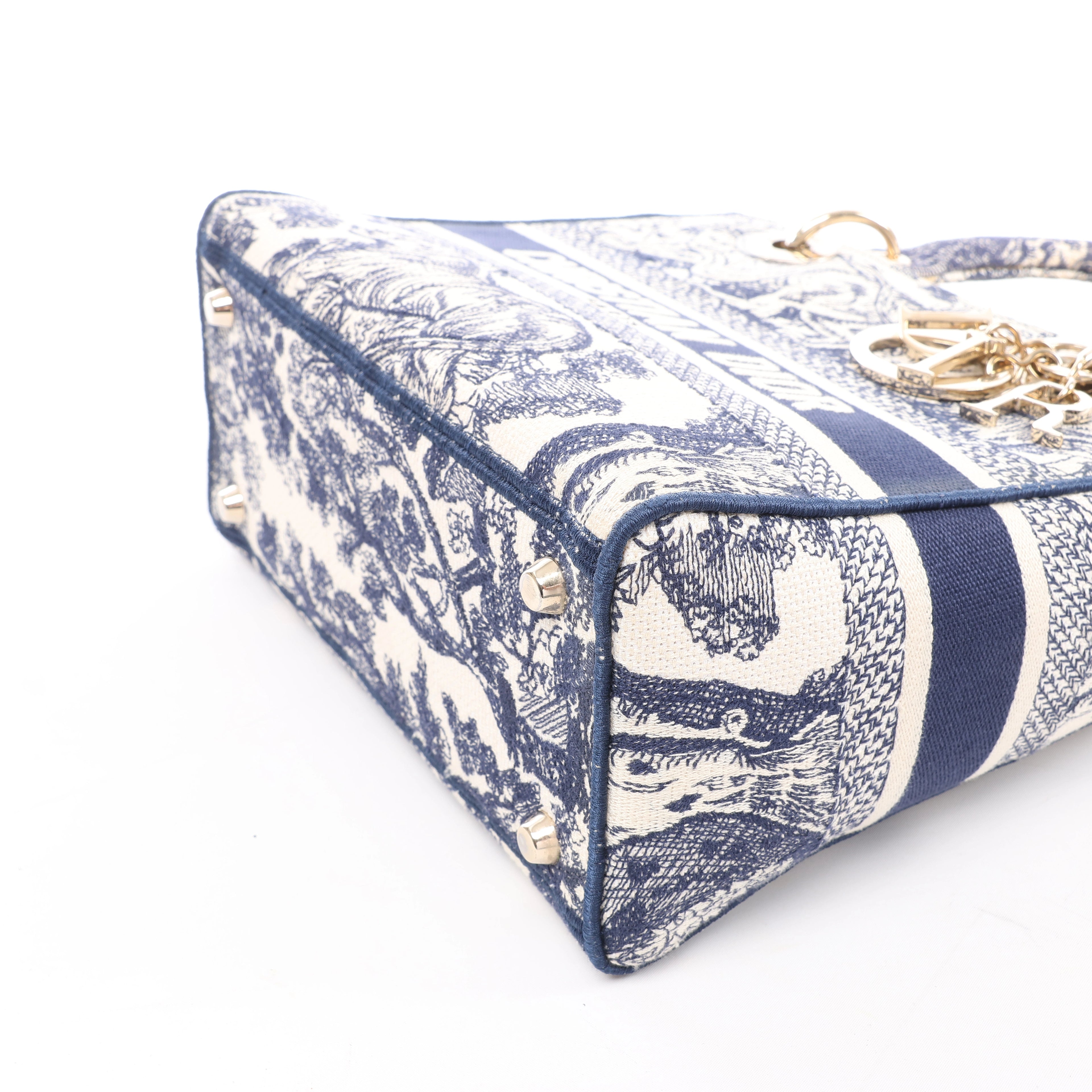 Christian Dior D-Lite Toile Doo JUY Embroidery Canvas 2Way Handbag in Beige x Navy Blue