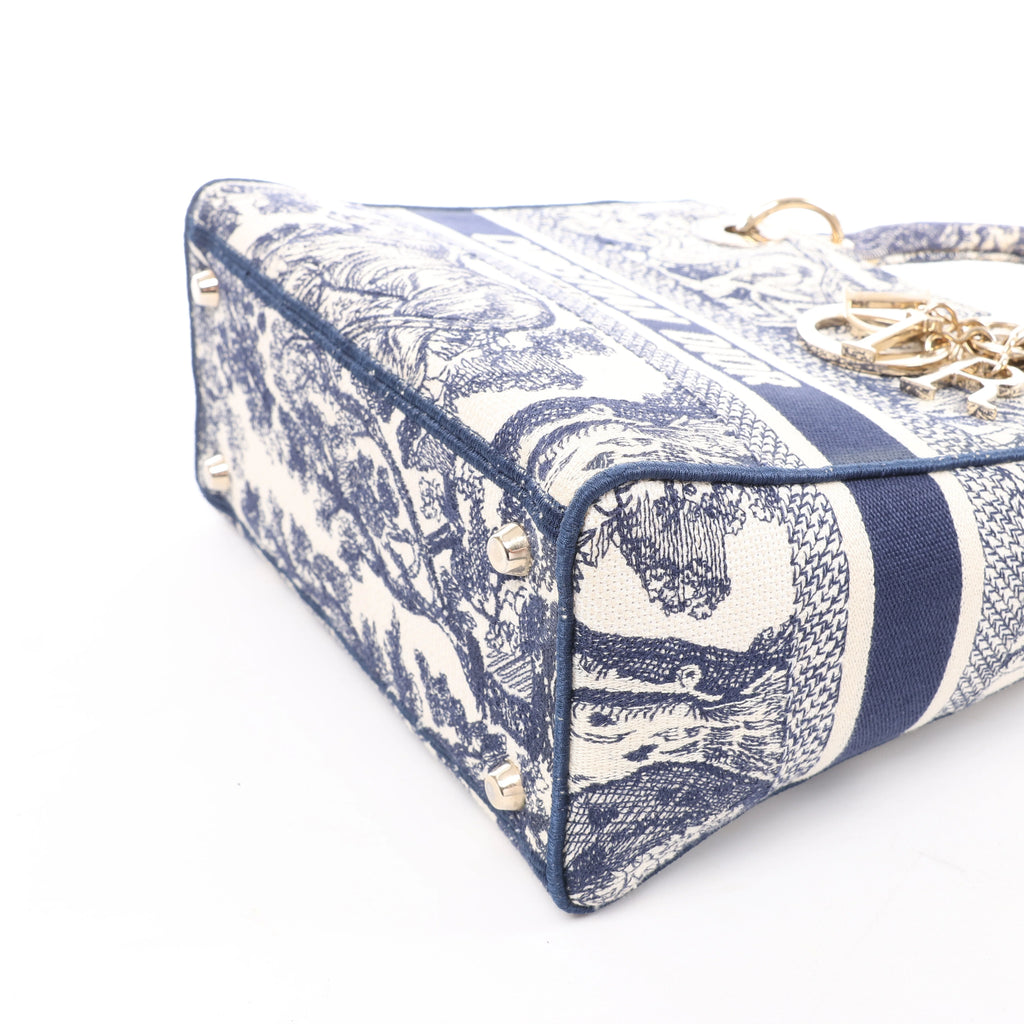 Christian Dior D-Lite Toile Doo JUY Embroidery Canvas 2Way Handbag in Beige x Navy Blue