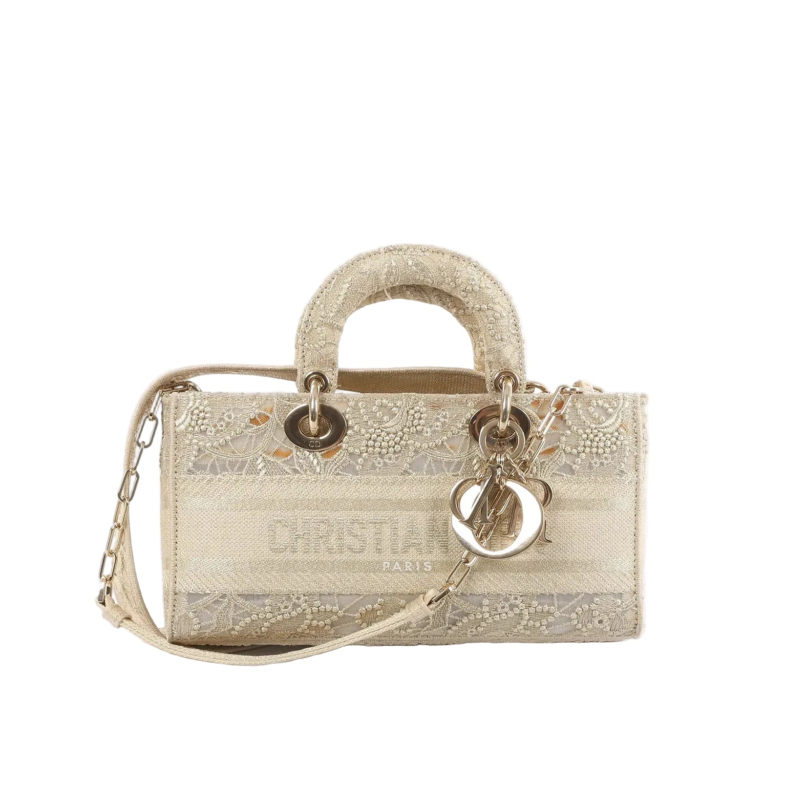 Dior Lady D-Joy Racing beige handbag with lace-style embroidered detailing, top handle, chain-accent shoulder strap, and silver-tone DIOR letter charms on a white background.