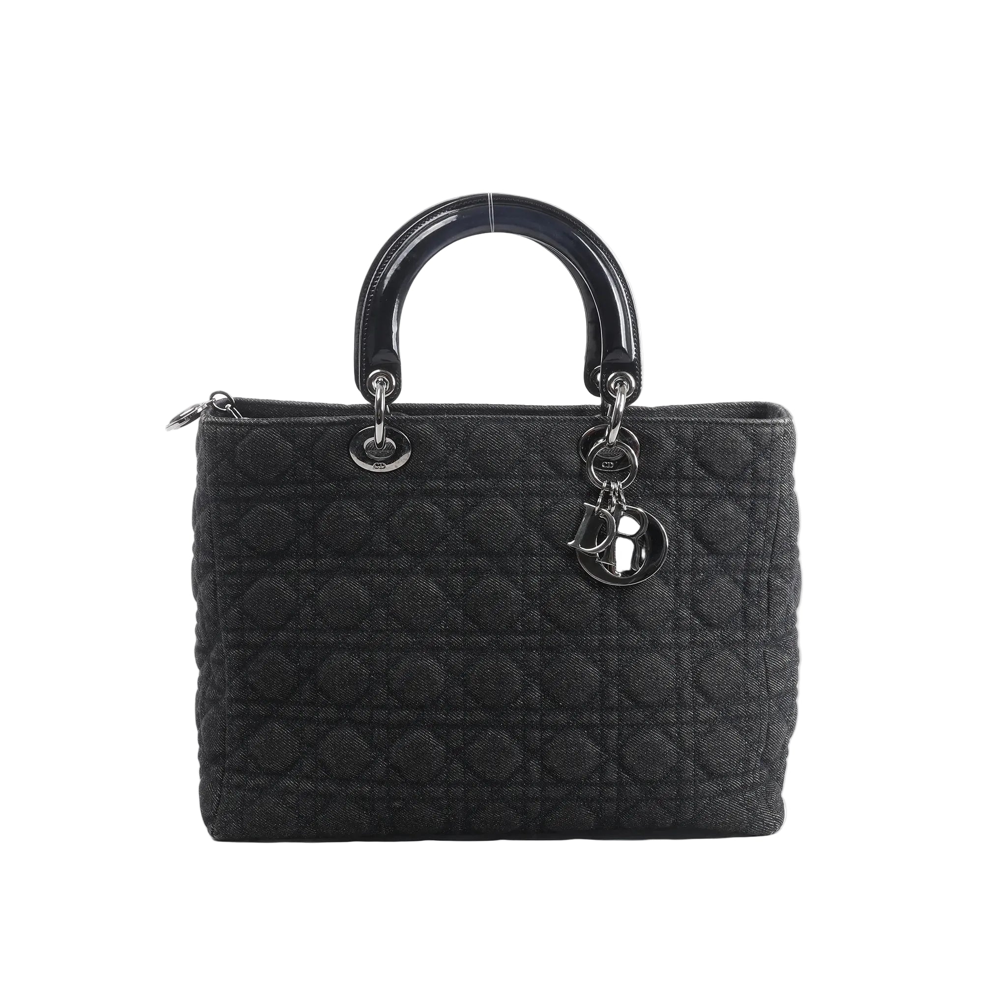Front view of Dior Lady Dior Large handbag in black Cannage quilted denim with glossy black top handles, silver-tone hardware, and hanging DIOR letter charms.