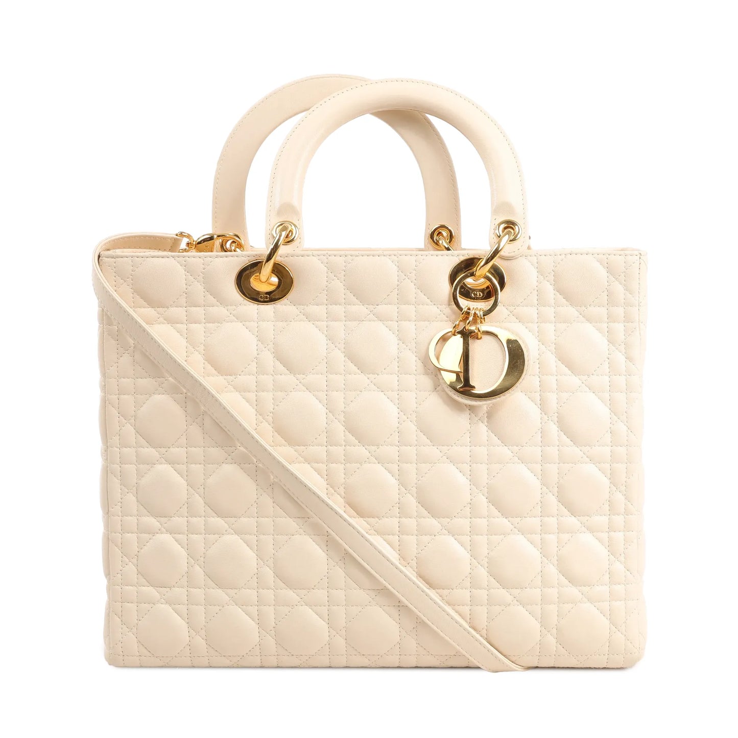 Dior Lady Dior large handbag in beige leather featuring signature Cannage quilting, gold-tone hardware, top handles, and iconic "Dior" letter charms.