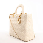 Dior Lady Dior Leather Cannage Large Handbag in Beige