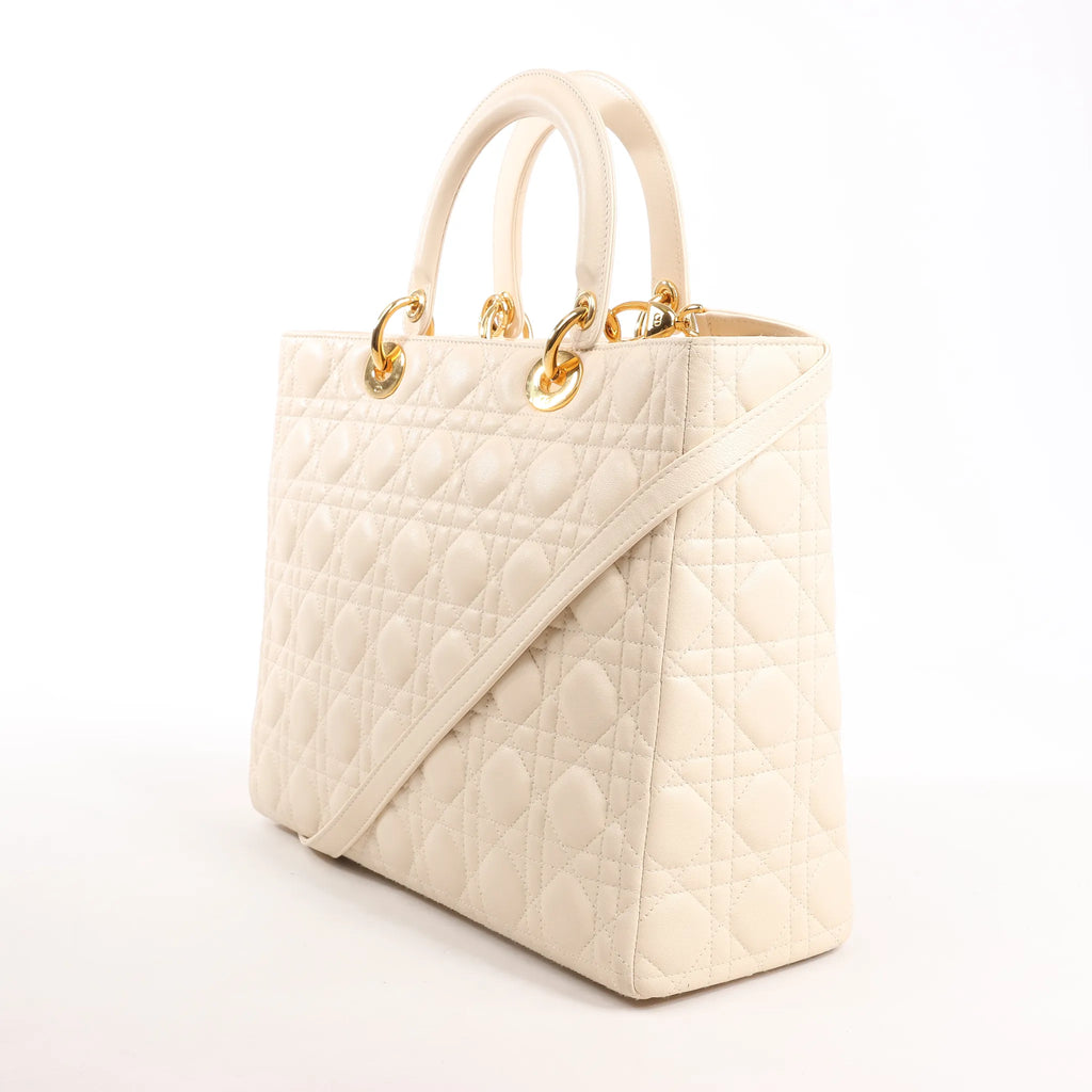 Dior Lady Dior Leather Cannage Large Handbag in Beige