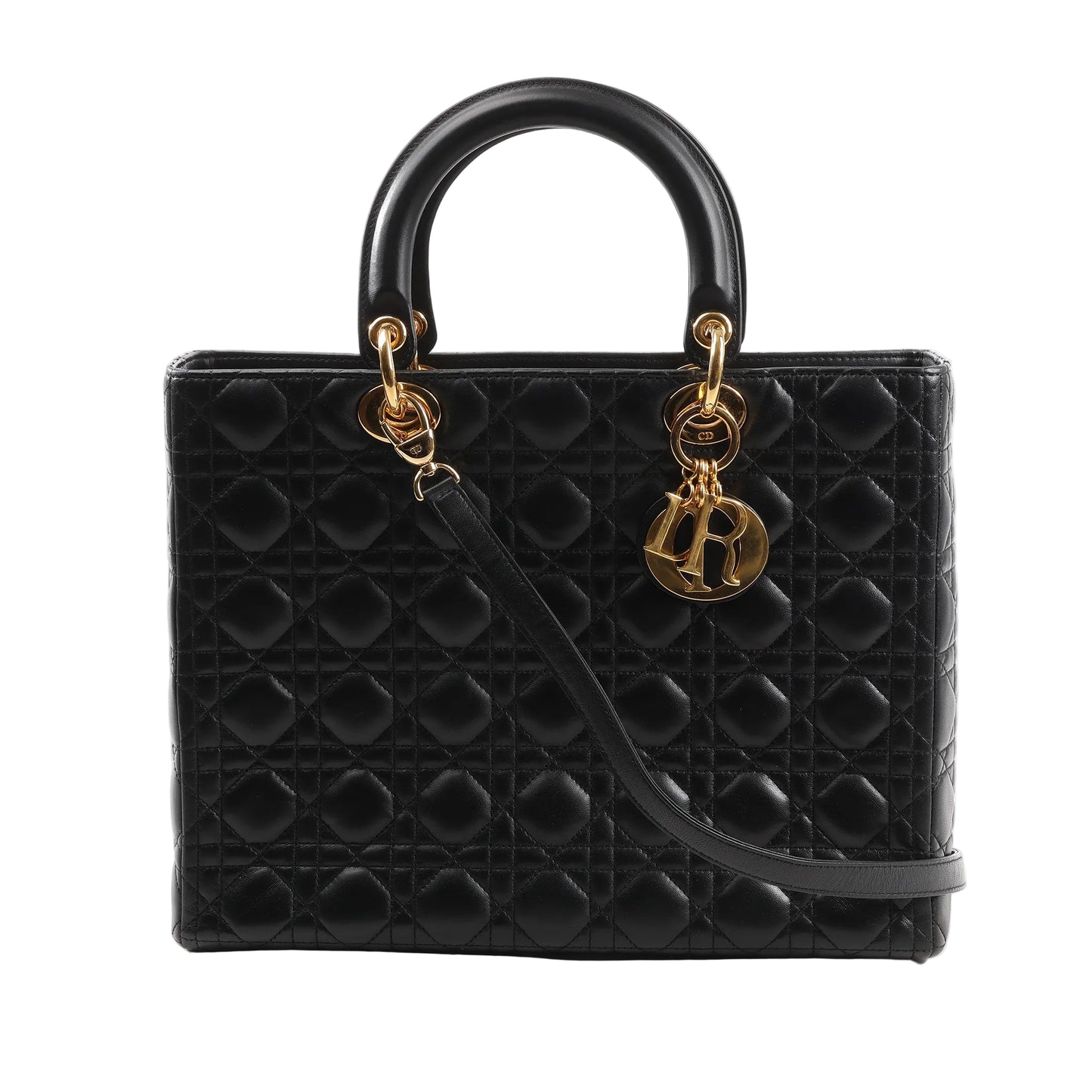 Front view of the Dior Lady Dior Large Cannage 2Way Handbag in black lambskin leather, featuring signature quilted Cannage stitching, structured top handles, detachable shoulder strap, and gold-tone hardware with dangling "Dior" letter charms.