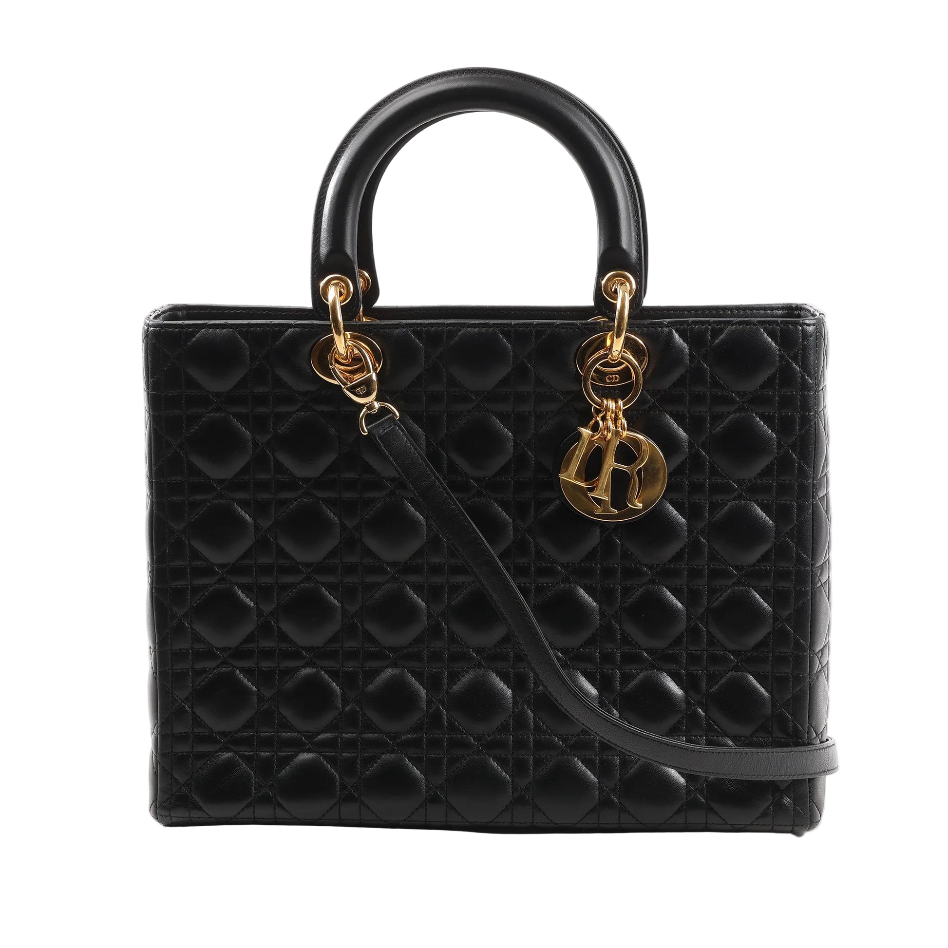 Front view of the Dior Lady Dior Large Cannage 2Way Handbag in black lambskin leather, featuring signature quilted Cannage stitching, structured top handles, detachable shoulder strap, and gold-tone hardware with dangling "Dior" letter charms.