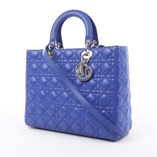 Christian Dior Lady Dior Leather Cannage Large Handbag in Blue