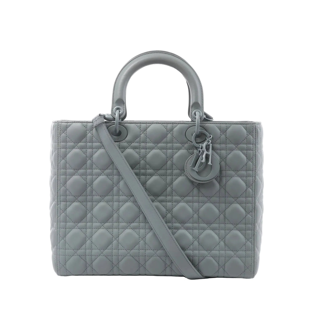 Dior Lady Dior Large handbag in gray Cannage-quilted leather with rounded top handles, tonal Dior charms and a detachable shoulder strap.