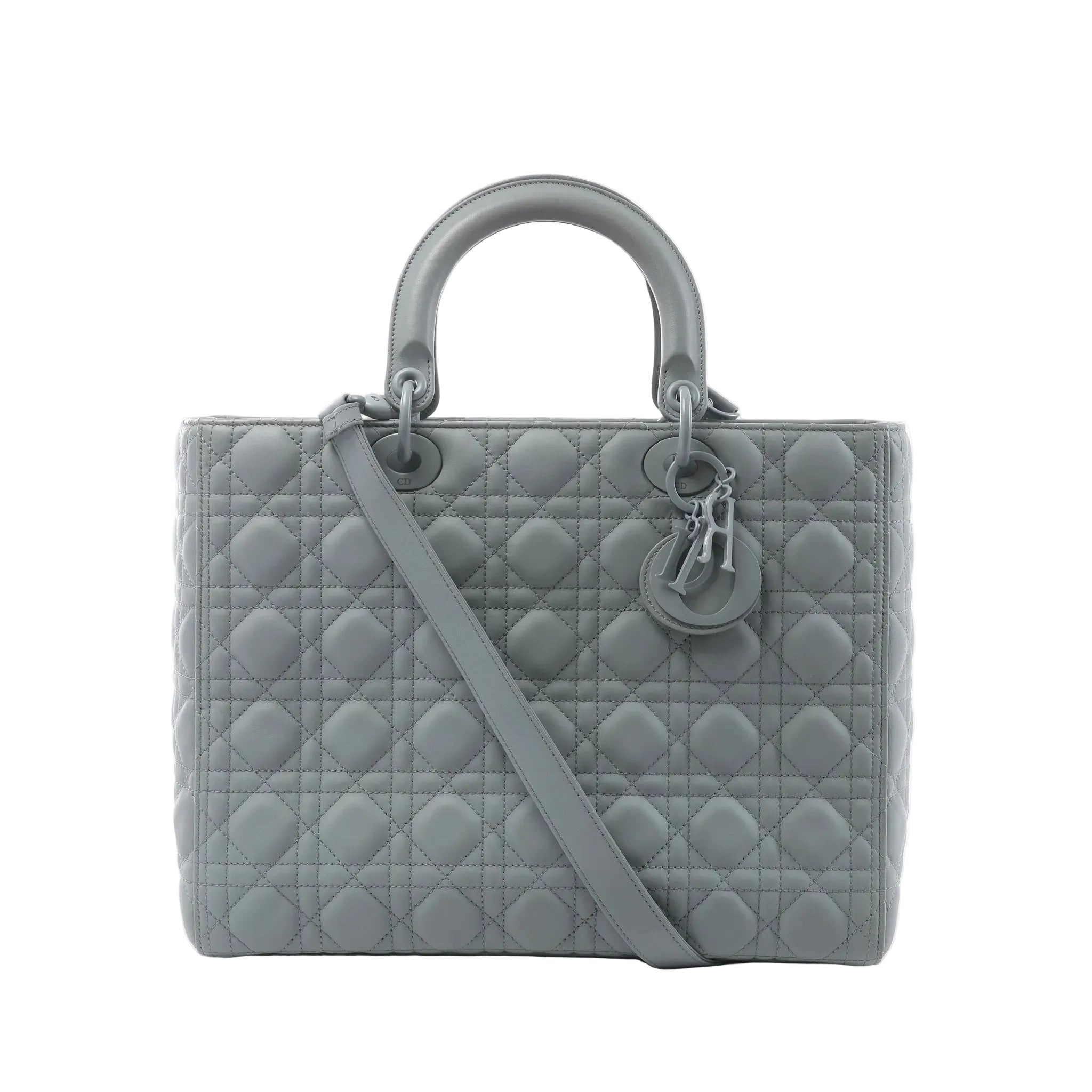 Dior Lady Dior Large handbag in gray Cannage-quilted leather with rounded top handles, tonal Dior charms and a detachable shoulder strap.