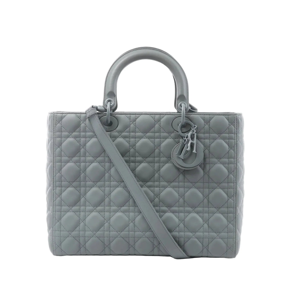 Dior Lady Dior Large handbag in gray Cannage-quilted leather with rounded top handles, tonal Dior charms and a detachable shoulder strap.