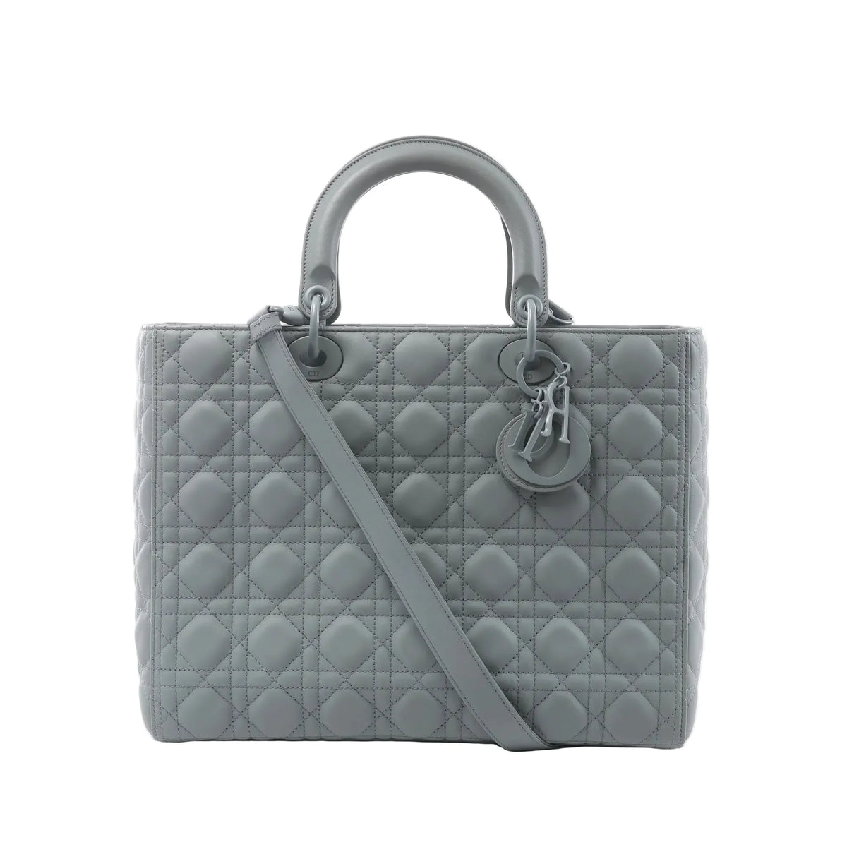 Dior Lady Dior Large handbag in gray Cannage-quilted leather with rounded top handles, tonal Dior charms and a detachable shoulder strap.