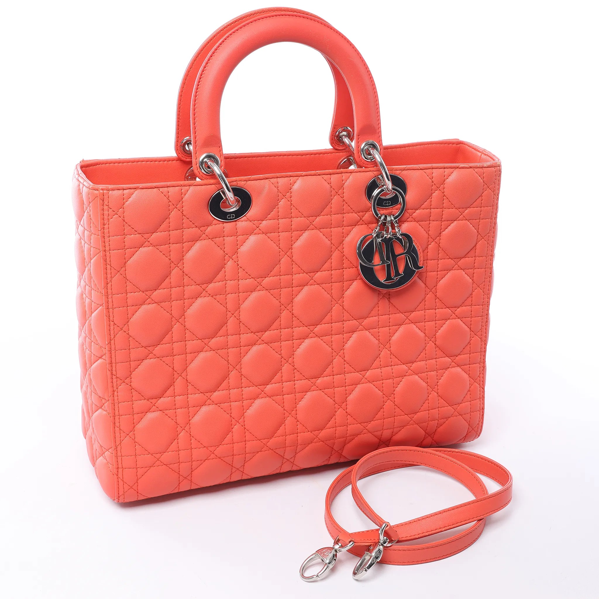 Dior Lady Dior Leather Cannage Large 2Way Handbag in Orange
