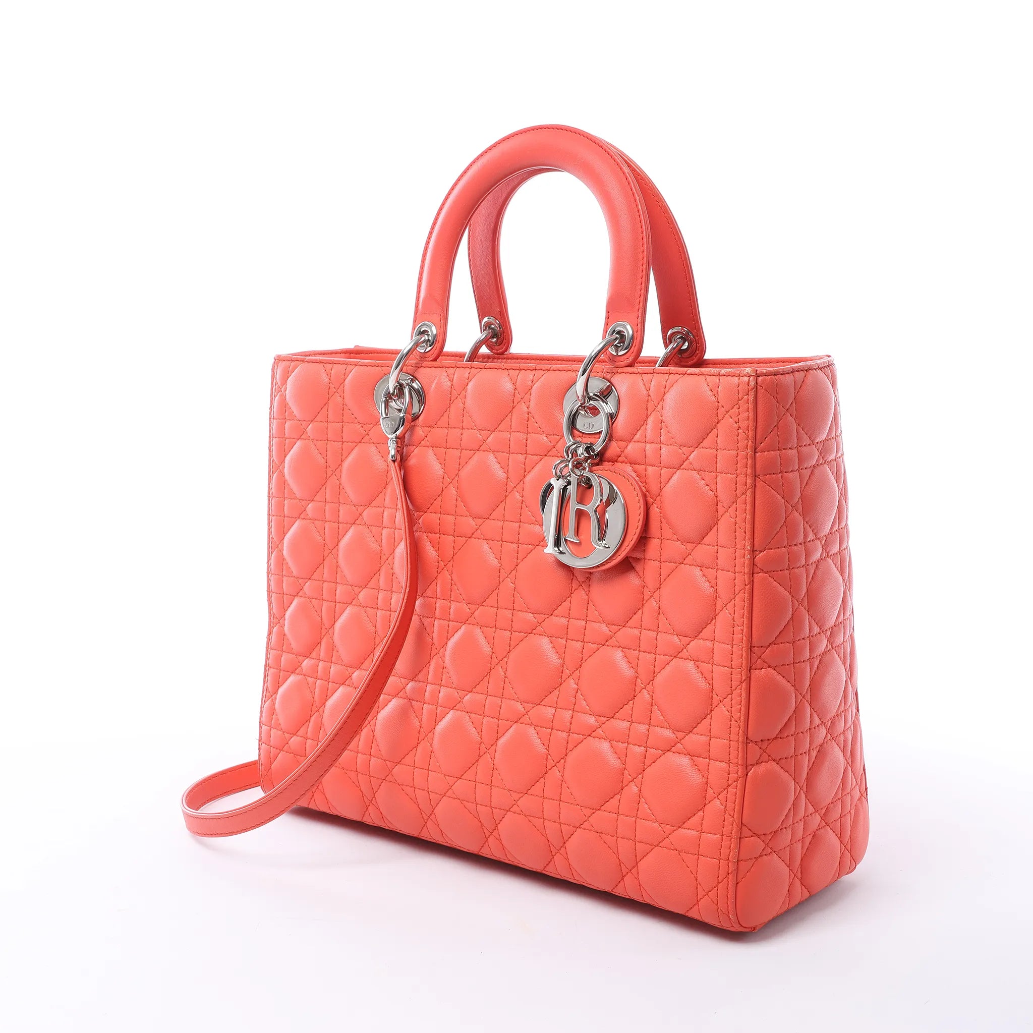 Dior Lady Dior Leather Cannage Large 2Way Handbag in Orange