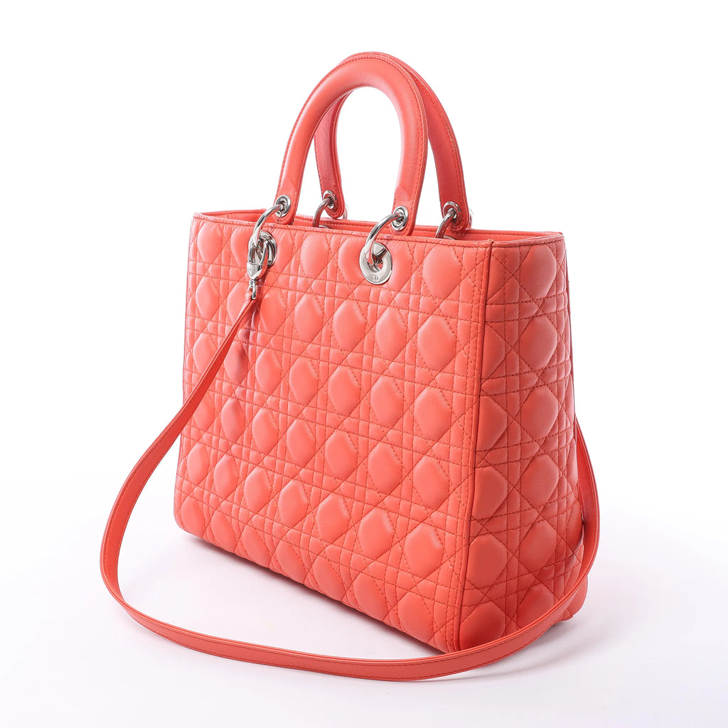 Dior Lady Dior Leather Cannage Large 2Way Handbag in Orange