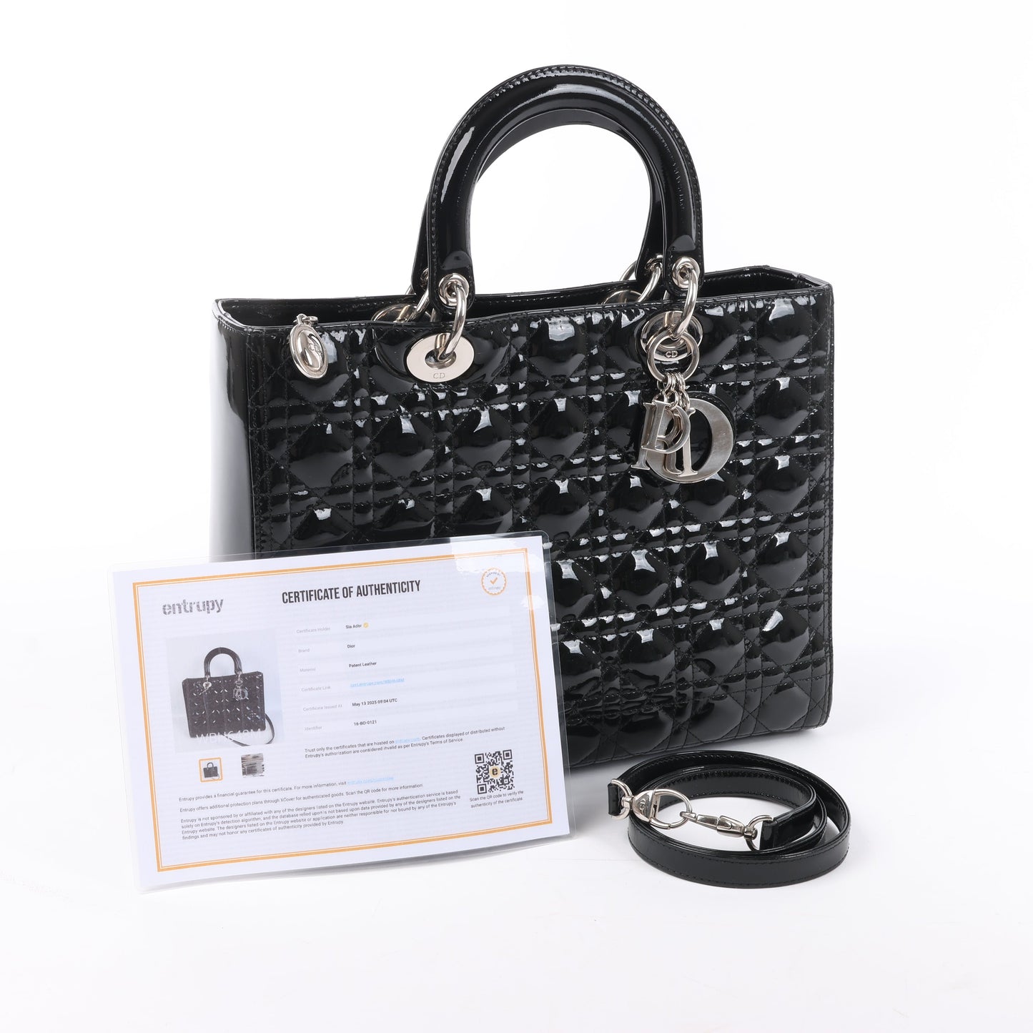 Grand sac à main Dior Lady Dior en cuir verni Cannage noir