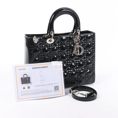 Grand sac à main Dior Lady Dior en cuir verni Cannage noir