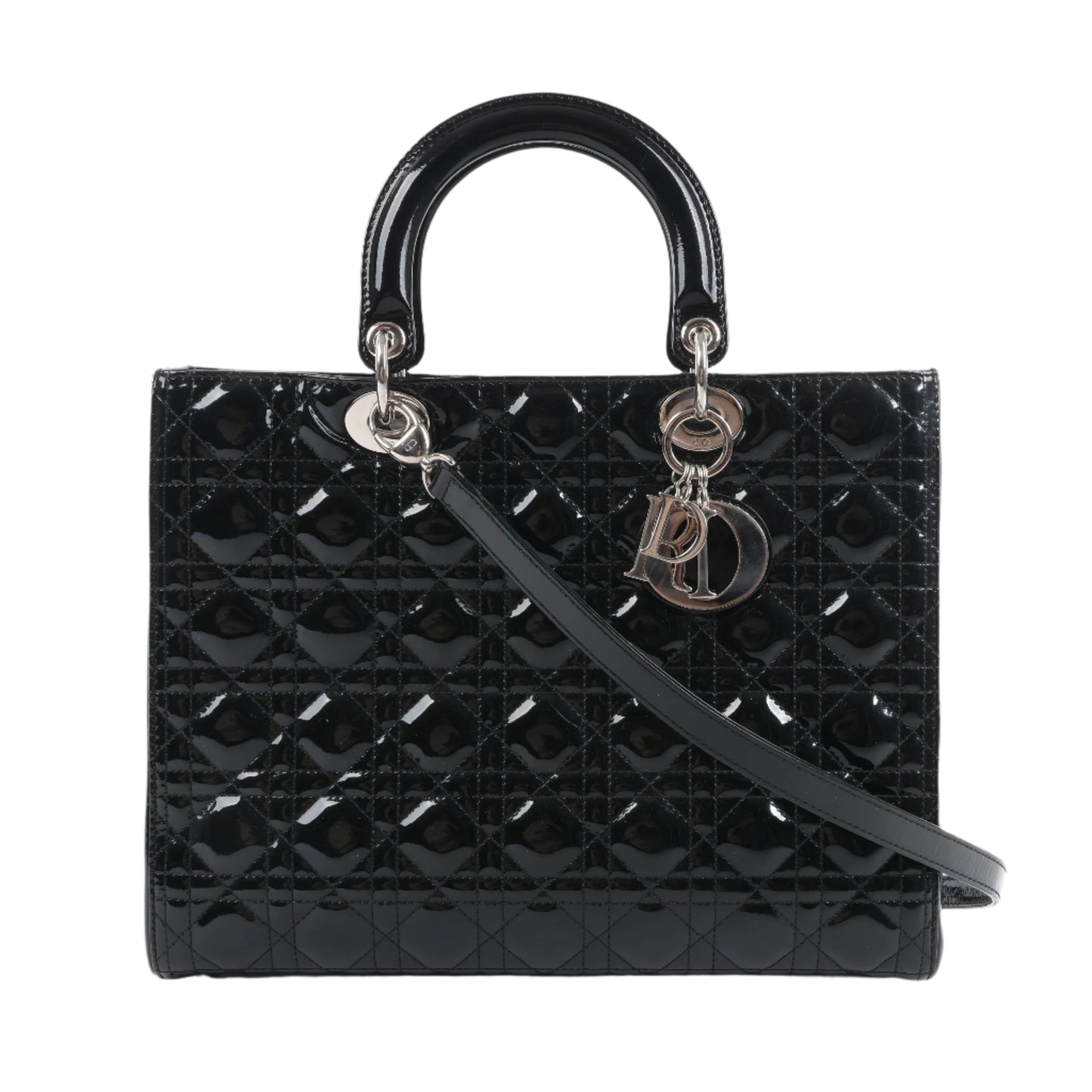 Grand sac à main Dior Lady Dior en cuir verni Cannage noir