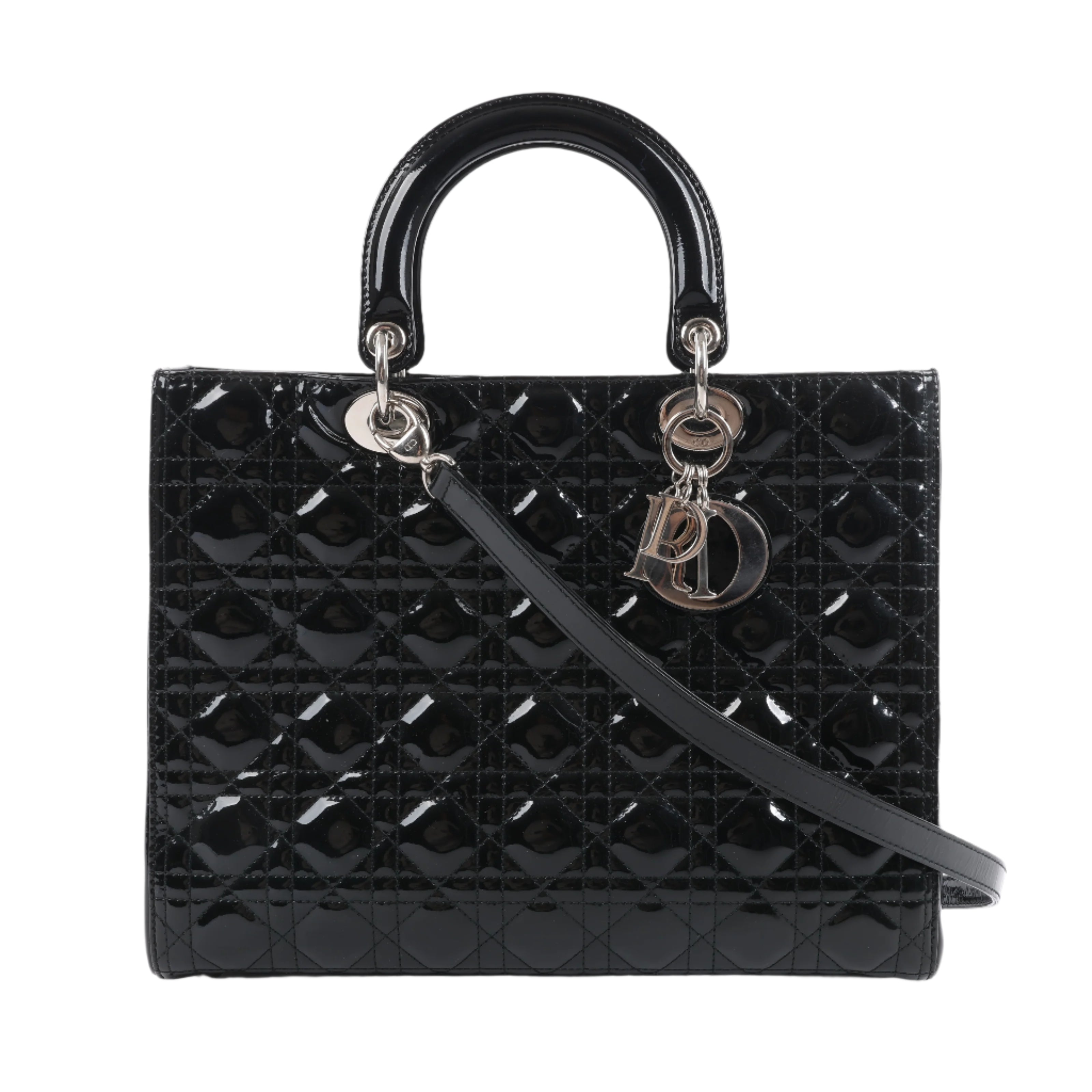 Dior Lady Dior Patent Leather Cannage Large Handbag in Black