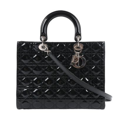 Grand sac à main Dior Lady Dior en cuir verni Cannage noir