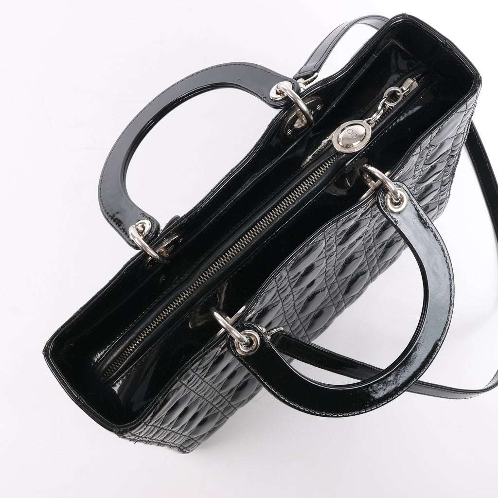 Dior Lady Dior Patent Leather Cannage Large Handbag in Black