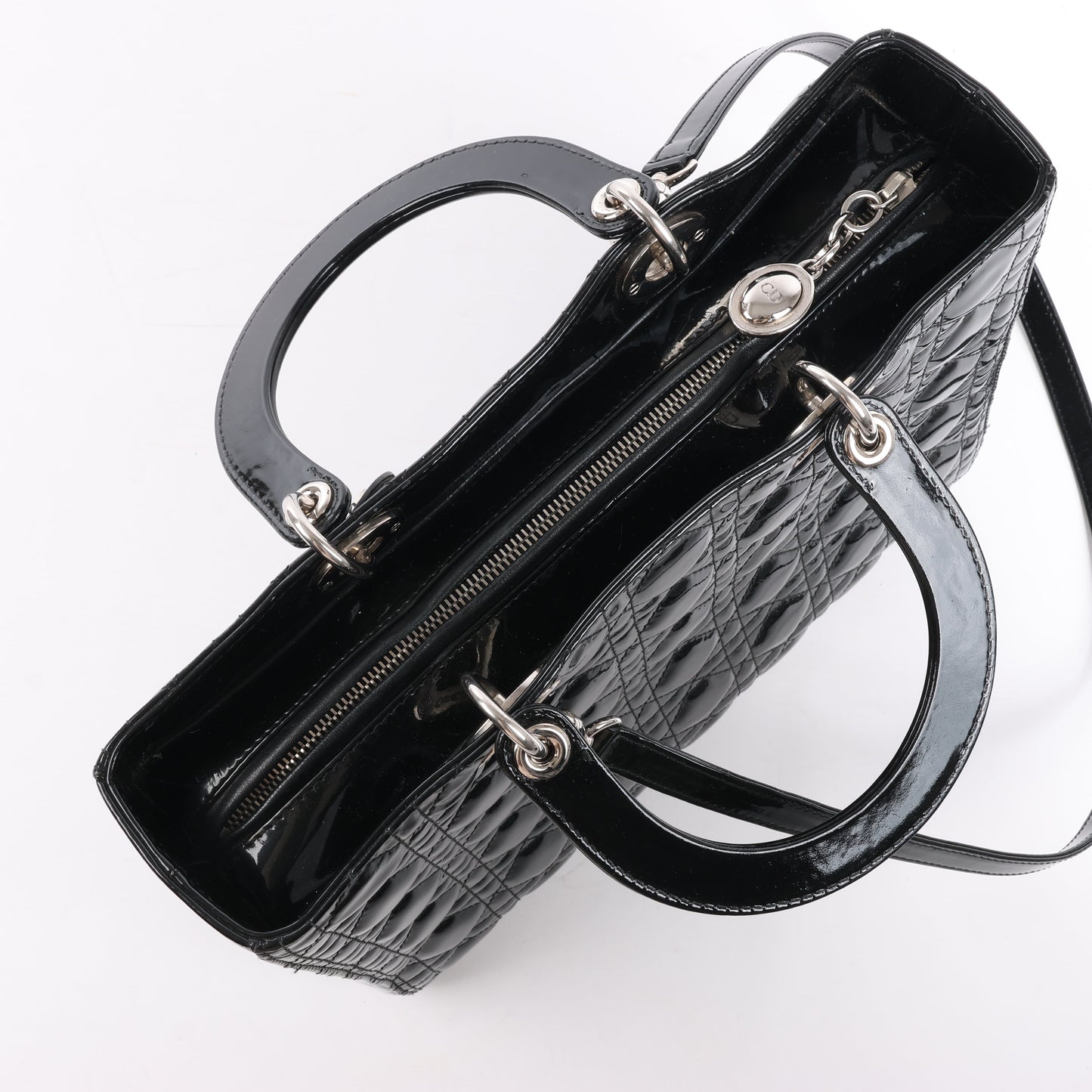 Grand sac à main Dior Lady Dior en cuir verni Cannage noir