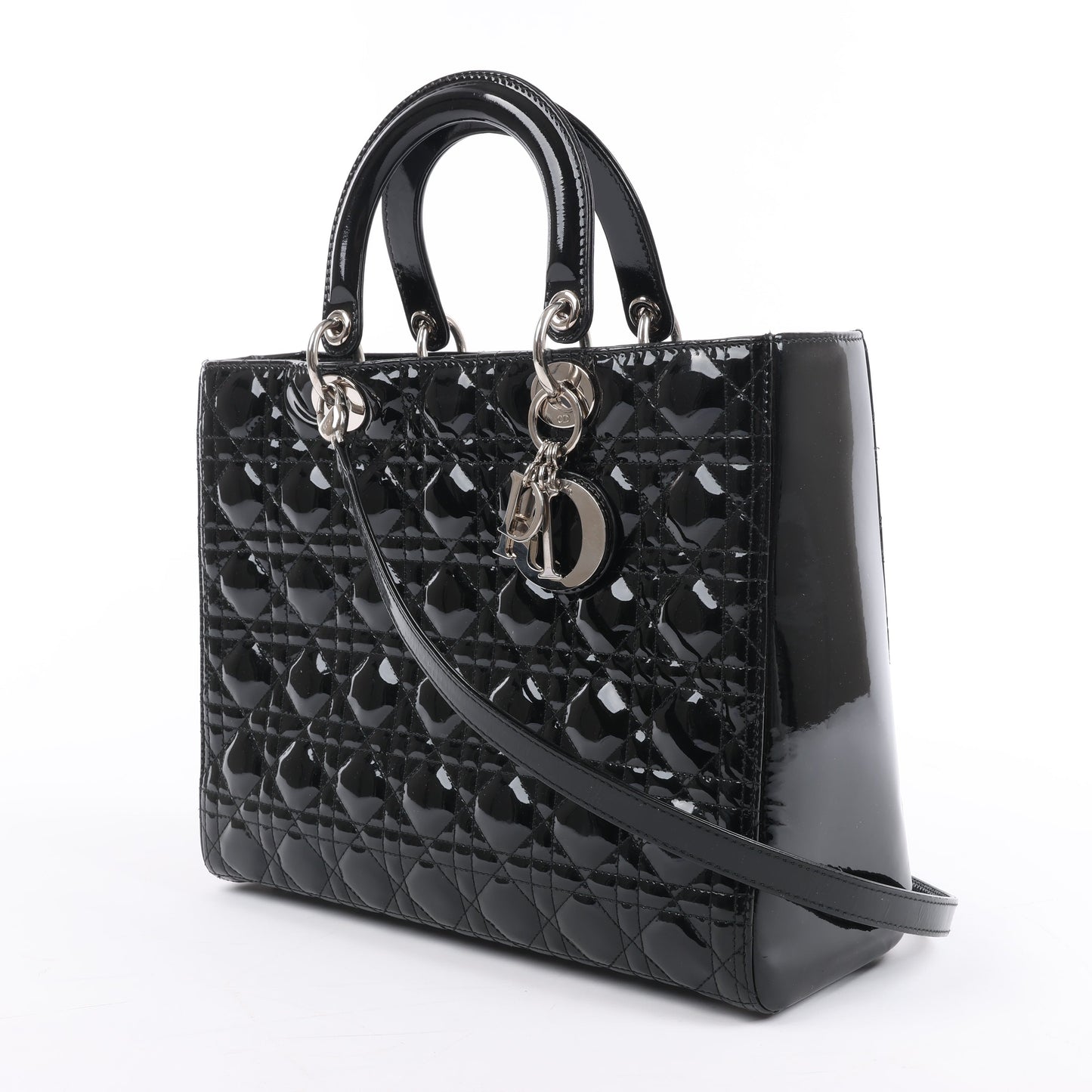 Grand sac à main Dior Lady Dior en cuir verni Cannage noir