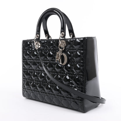 Grand sac à main Dior Lady Dior en cuir verni Cannage noir