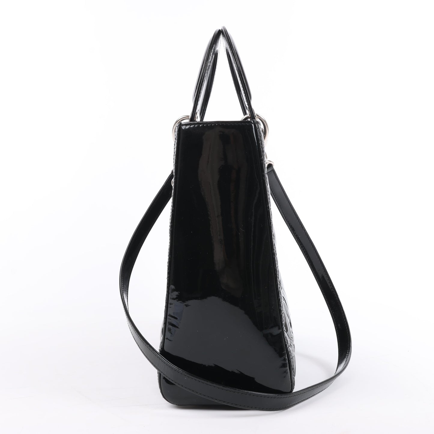 Grand sac à main Dior Lady Dior en cuir verni Cannage noir