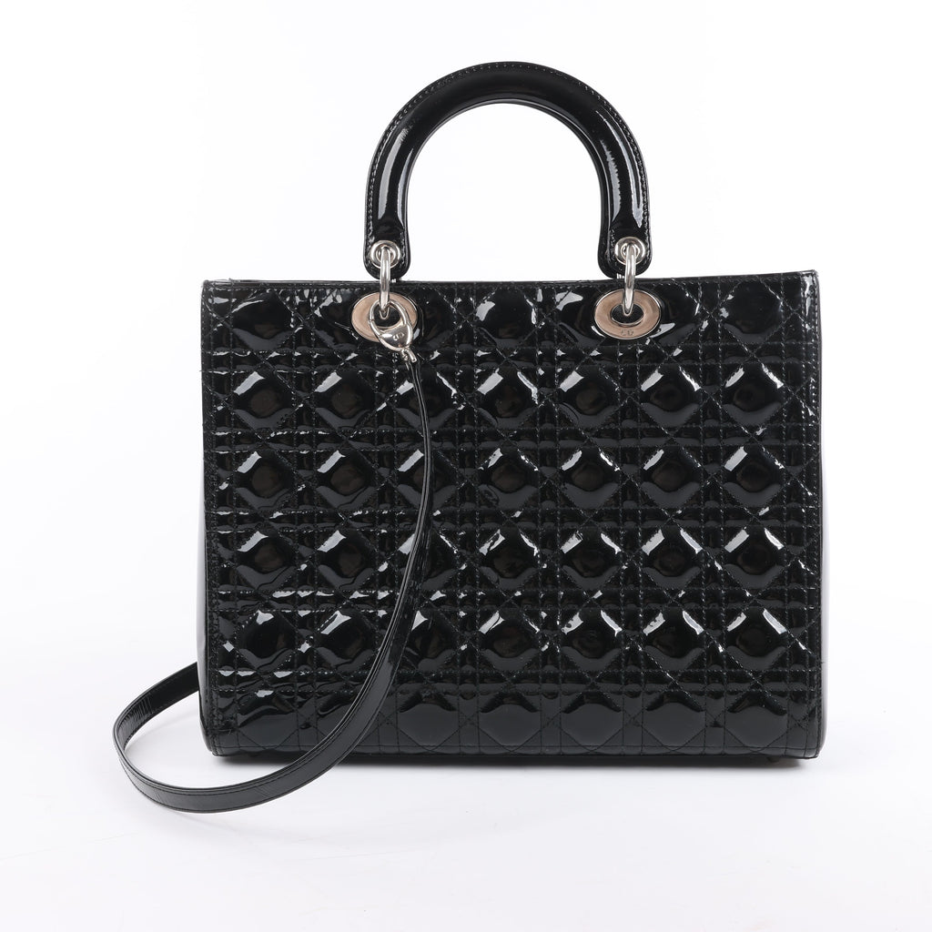 Dior Lady Dior Patent Leather Cannage Large Handbag in Black