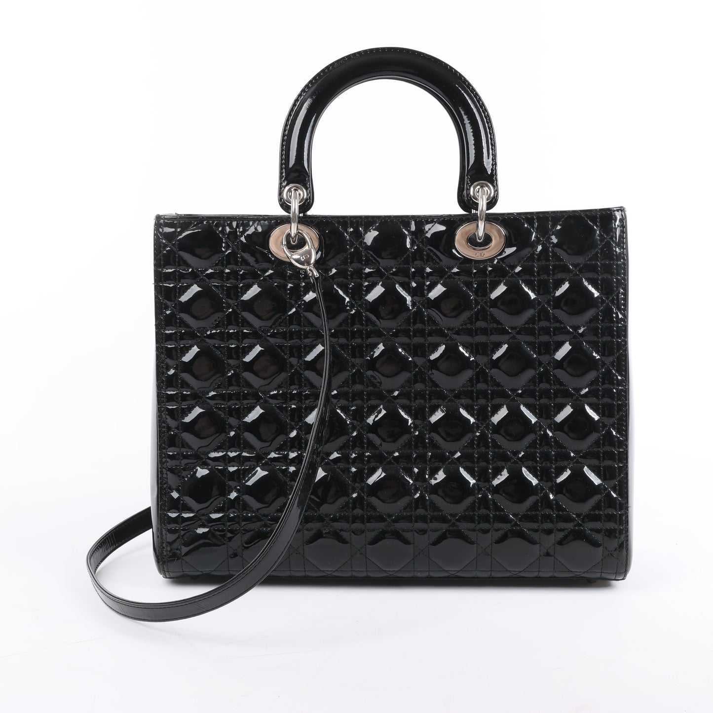 Grand sac à main Dior Lady Dior en cuir verni Cannage noir