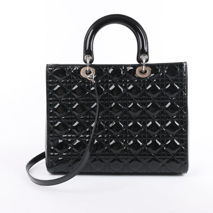 Grand sac à main Dior Lady Dior en cuir verni Cannage noir