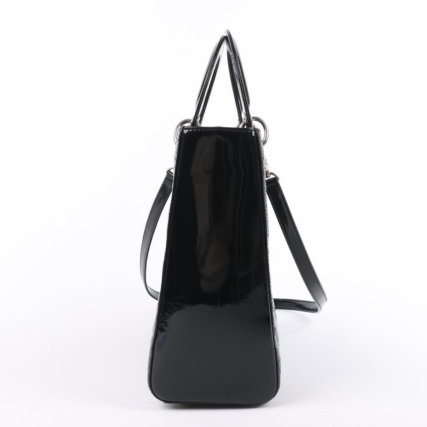 Grand sac à main Dior Lady Dior en cuir verni Cannage noir