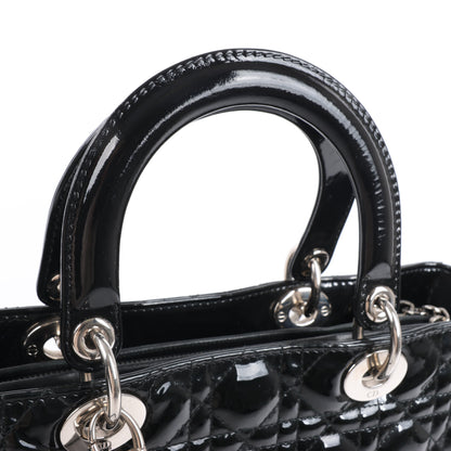 Grand sac à main Dior Lady Dior en cuir verni Cannage noir