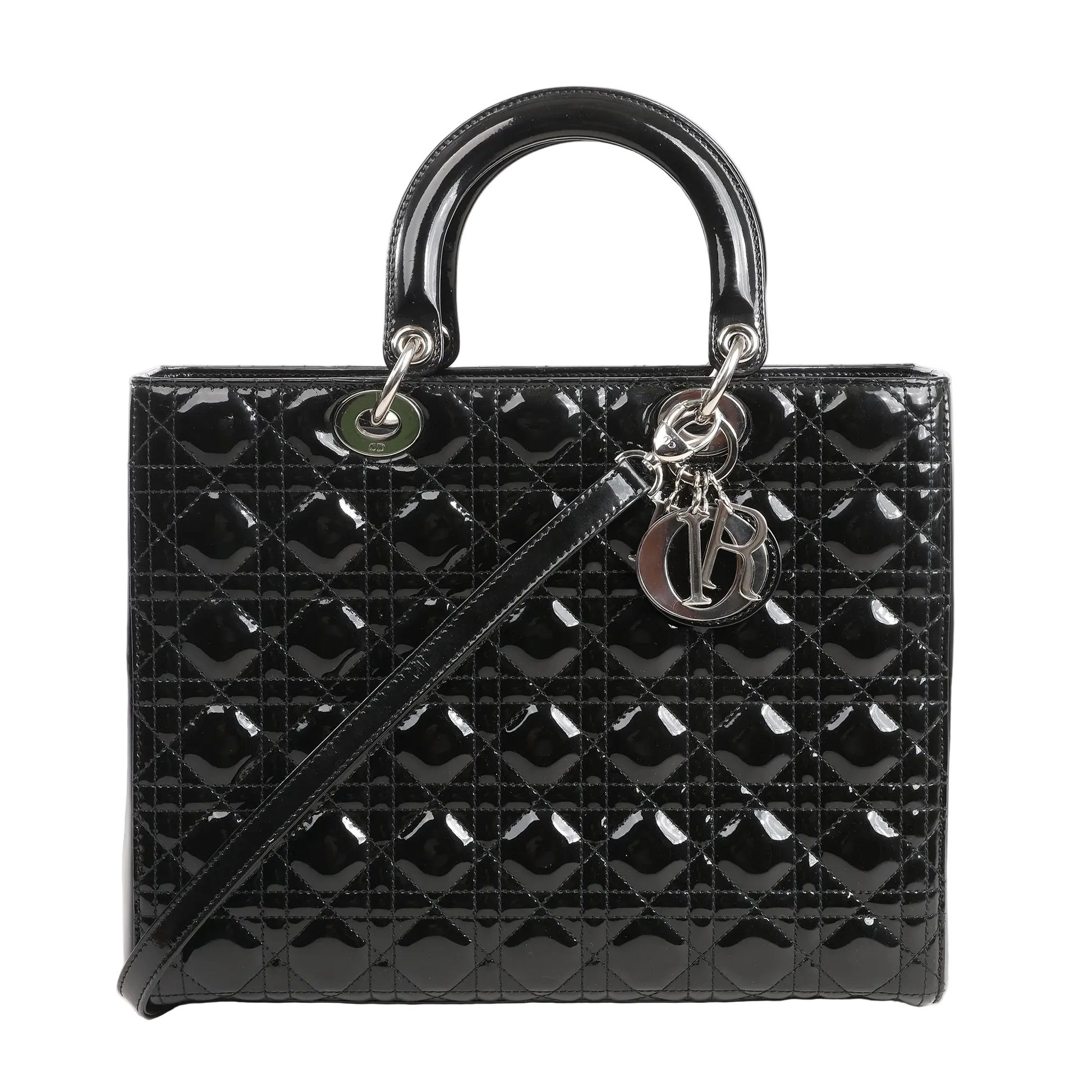 Dior Lady Dior Large 2Way handbag in glossy black patent leather with Cannage stitching, silver-tone hardware, Dior letter charms, and detachable crossbody strap.