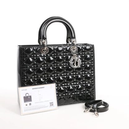 Dior Lady Dior Large Patent Leather Cannage 2Way Handbag in Black